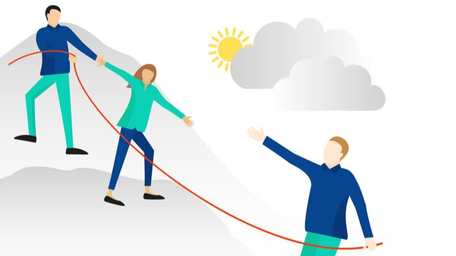 Illustration of three people climbing a mountain, connected by a red rope. One person reaches up for help, another is holding their hand, and the third is supporting from behind. The sun and clouds are in the background.