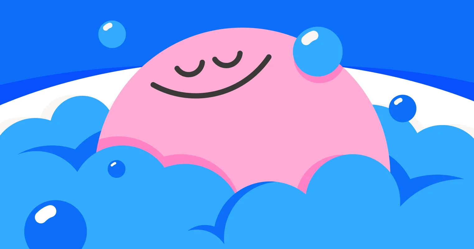 A pink, smiling, round character with closed eyes relaxes among fluffy blue clouds and bubbles against a bright blue background.