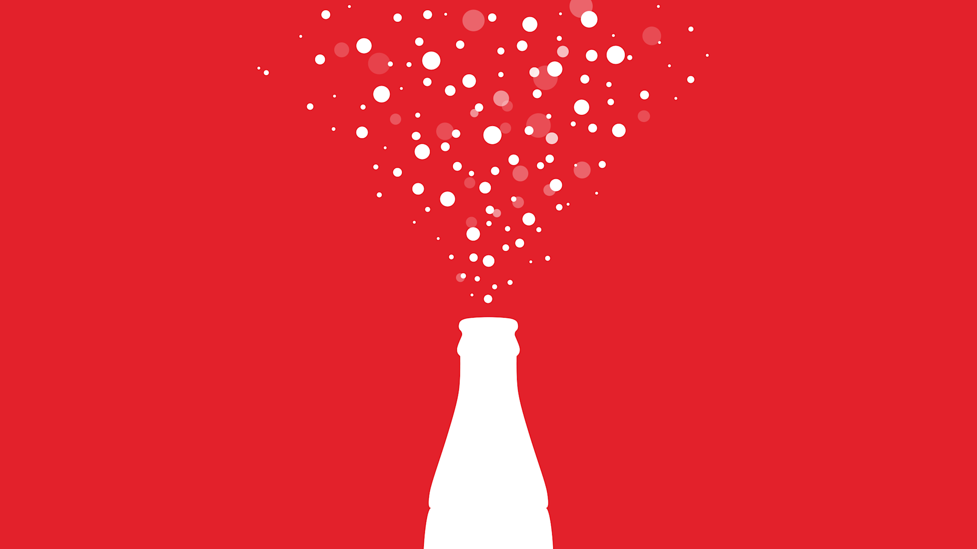 A white silhouette of a soda bottle on a red background with white bubbles rising from the bottles opening, forming a spray above it.