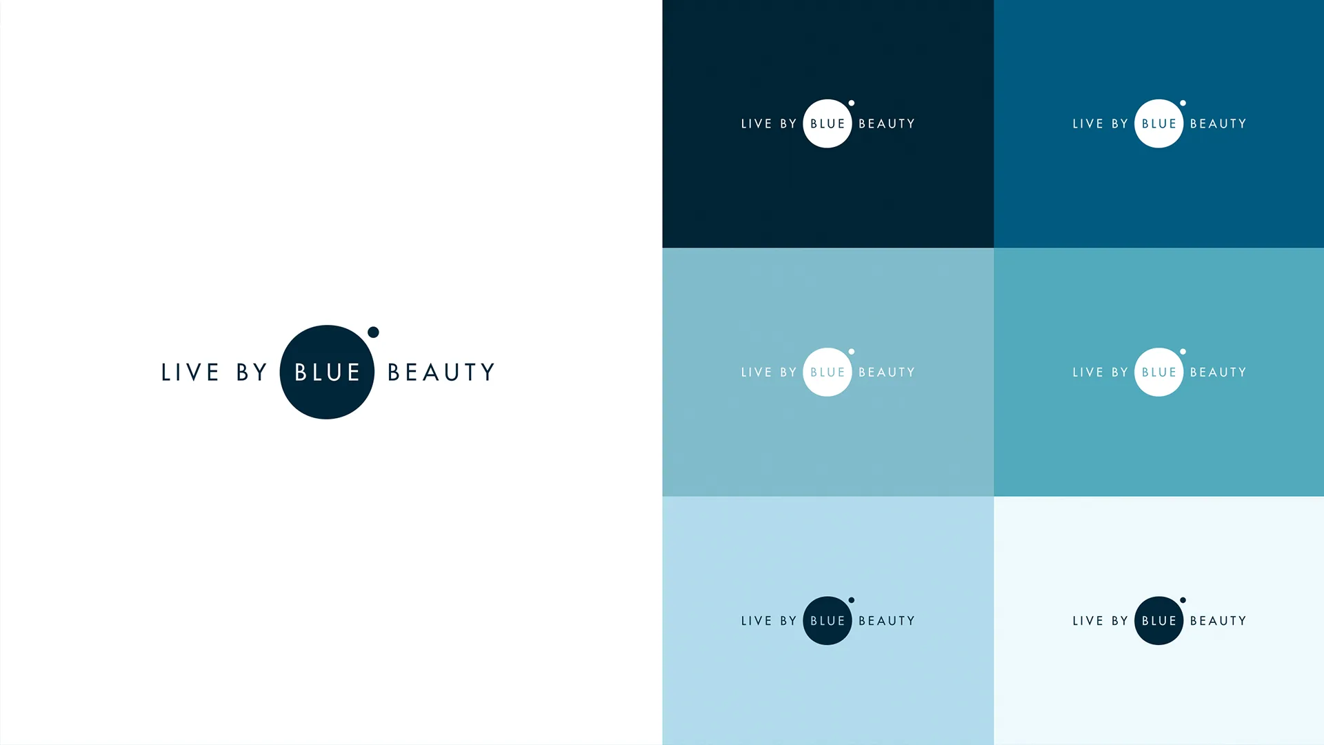 A logo reading LIVE BY BLUE BEAUTY with the word BLUE in a dark circle; a small dot orbits the circle. The logo appears on six blue gradient backgrounds and one white background, showing color variations.