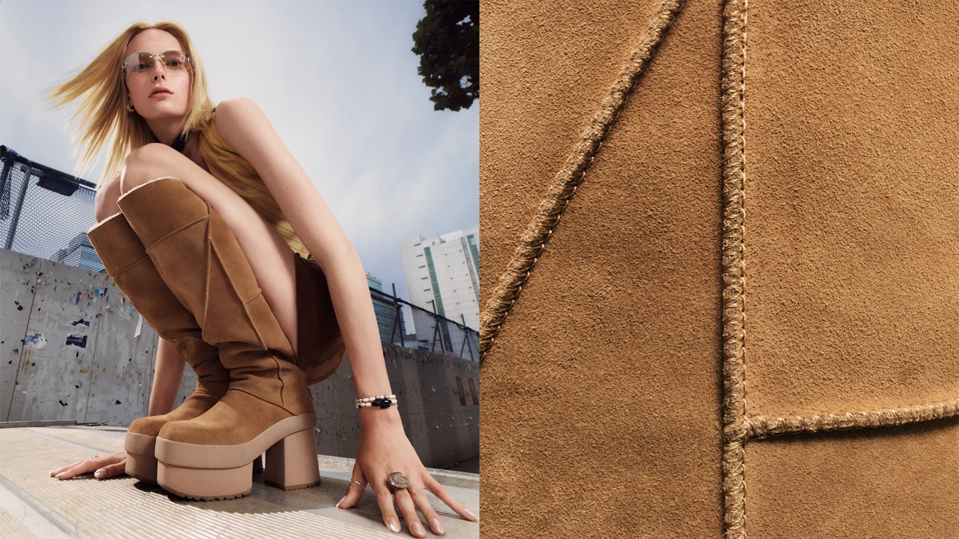A woman wearing tan platform suede boots and sunglasses poses outdoors in front of a metal fence. The right side of the image shows a close-up of the suede boots’ stitched detail.
