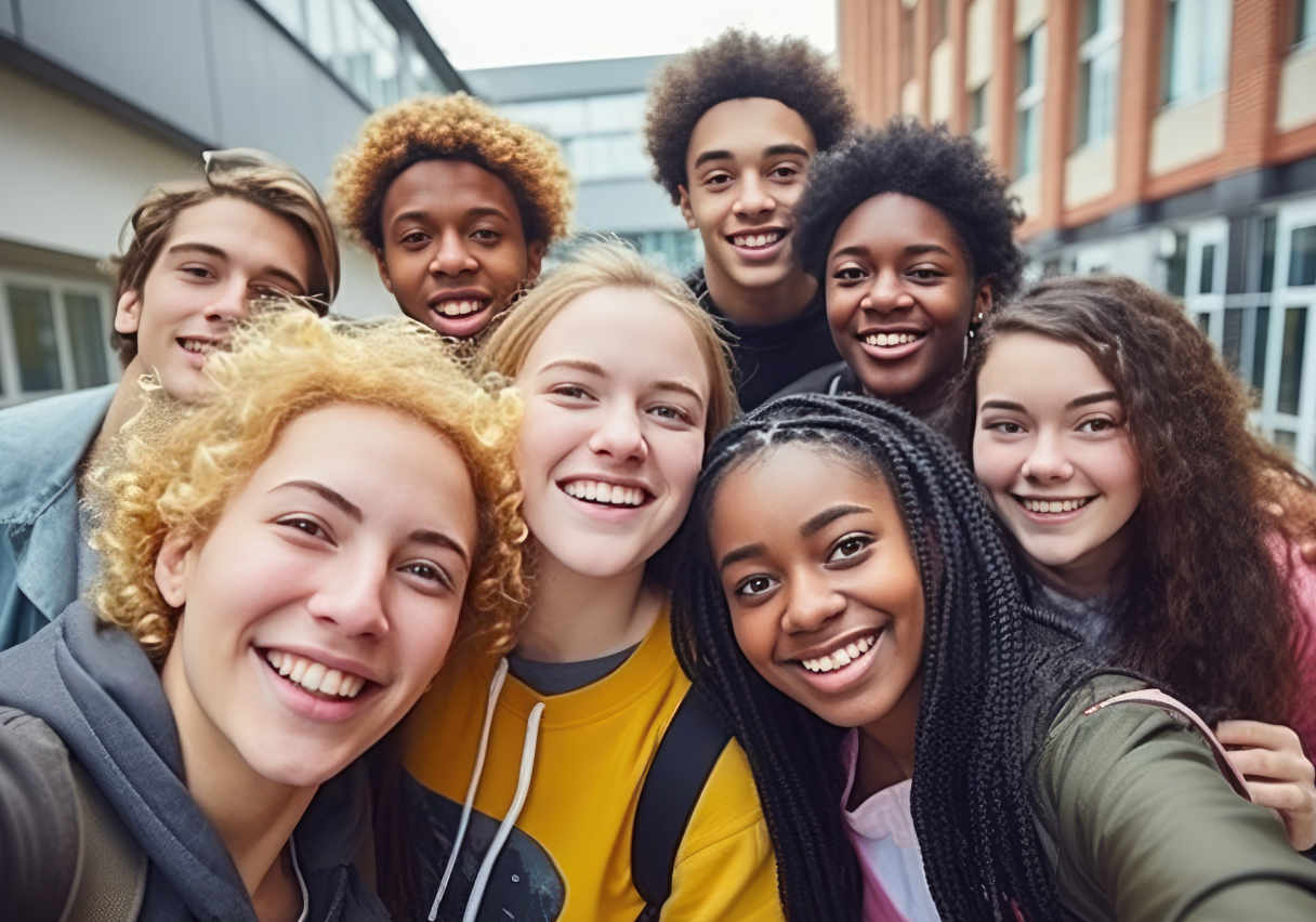 A diverse group of smiling teenagers takes a selfie together outside a modern school building, appearing happy and friendly.