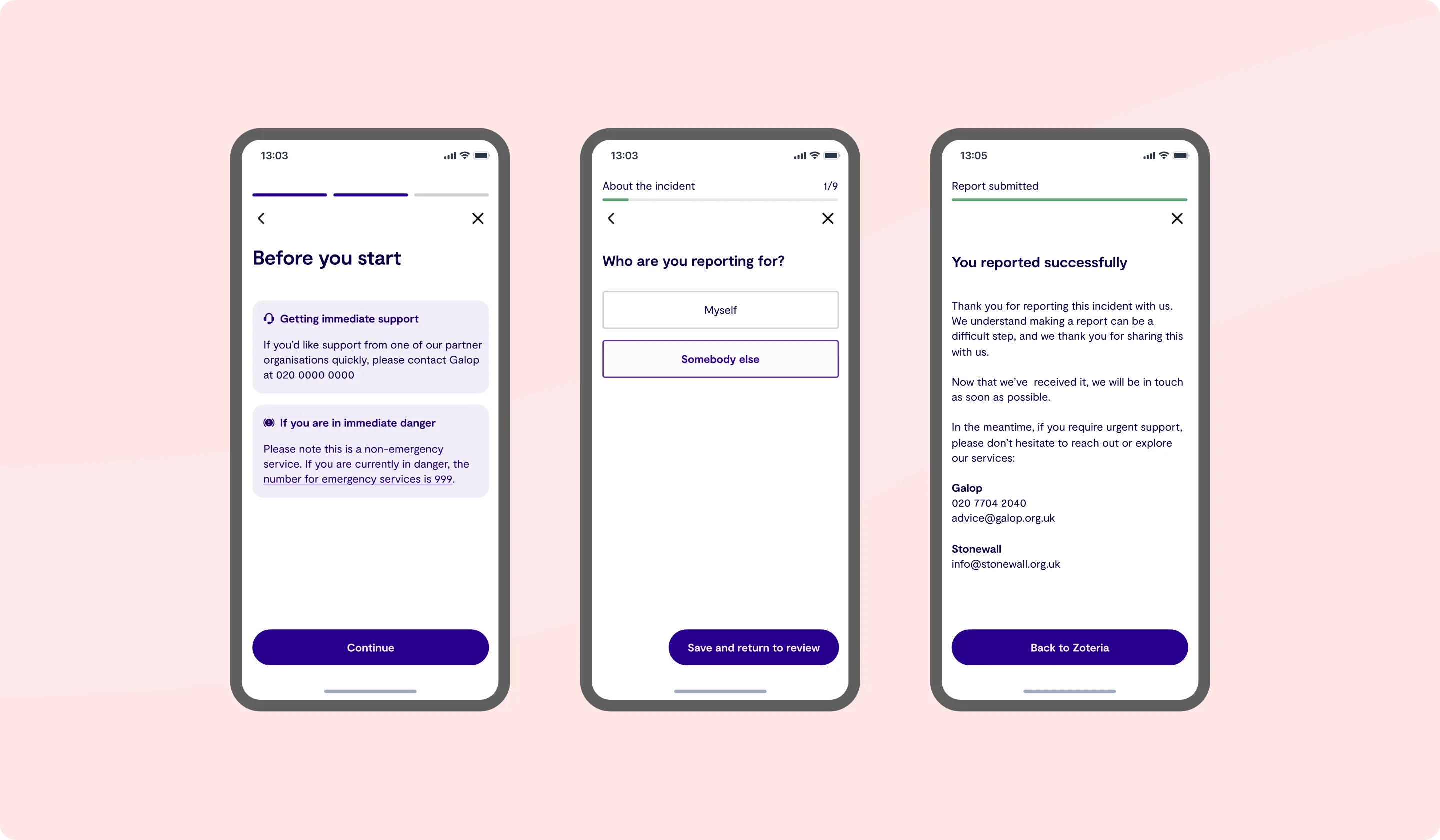 Three smartphone screens displaying a step-by-step reporting process: immediate support info, a question about who the report is for, and confirmation of report submission, all with a purple and white interface on a pink background.