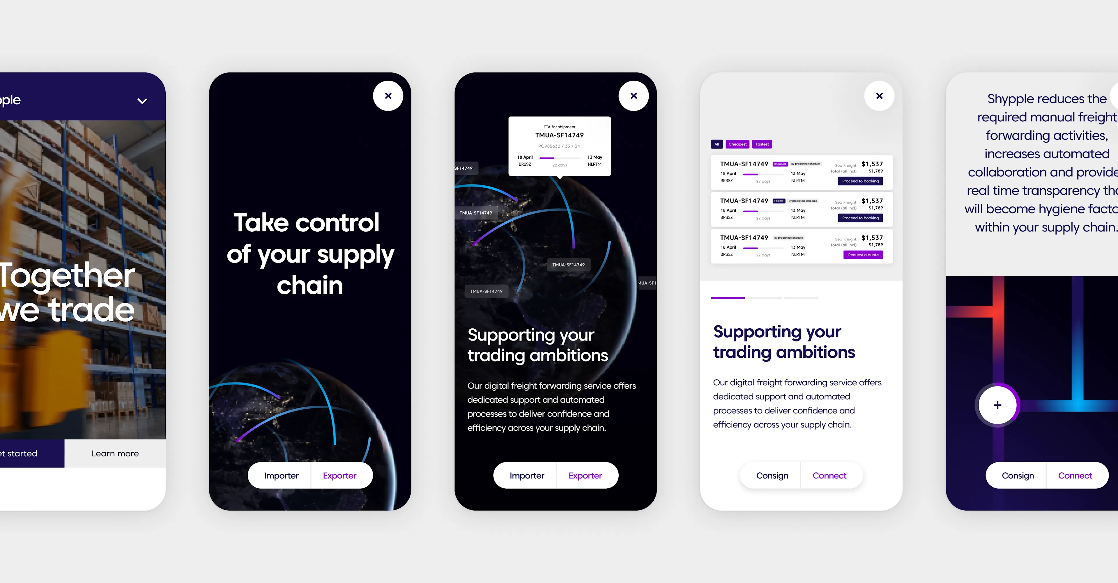 Five mobile app screens display a supply chain management interface, featuring options for importers and exporters, trading support information, shipment details, and purple-themed graphics and buttons.
