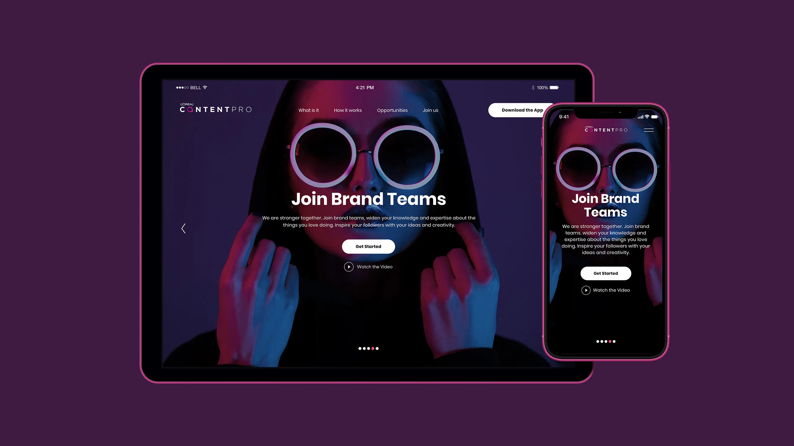 A tablet and smartphone display a website for Content Pro with the headline Join Brand Teams. The background shows a person wearing round sunglasses in blue and pink lighting. The site features a Get Started button.