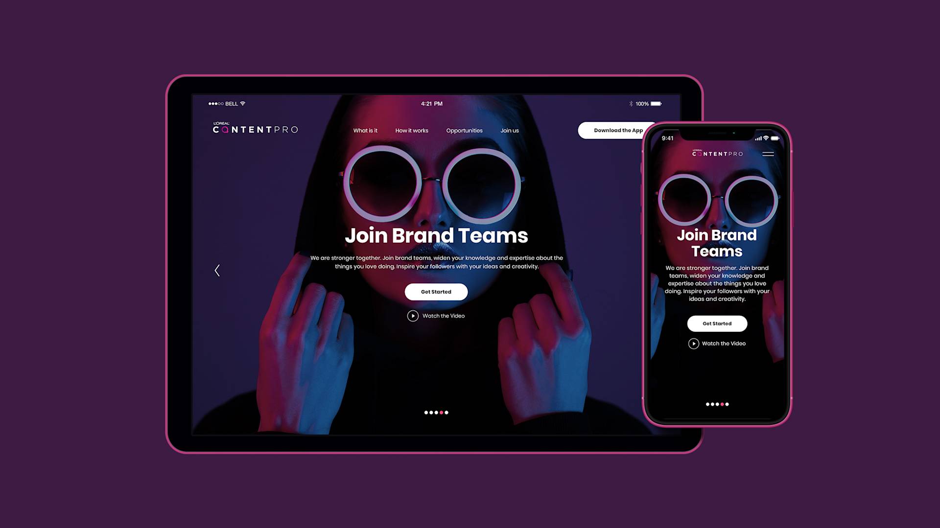 A tablet and smartphone display a website for Content Pro with the headline Join Brand Teams. The background shows a person wearing round sunglasses in blue and pink lighting. The site features a Get Started button.