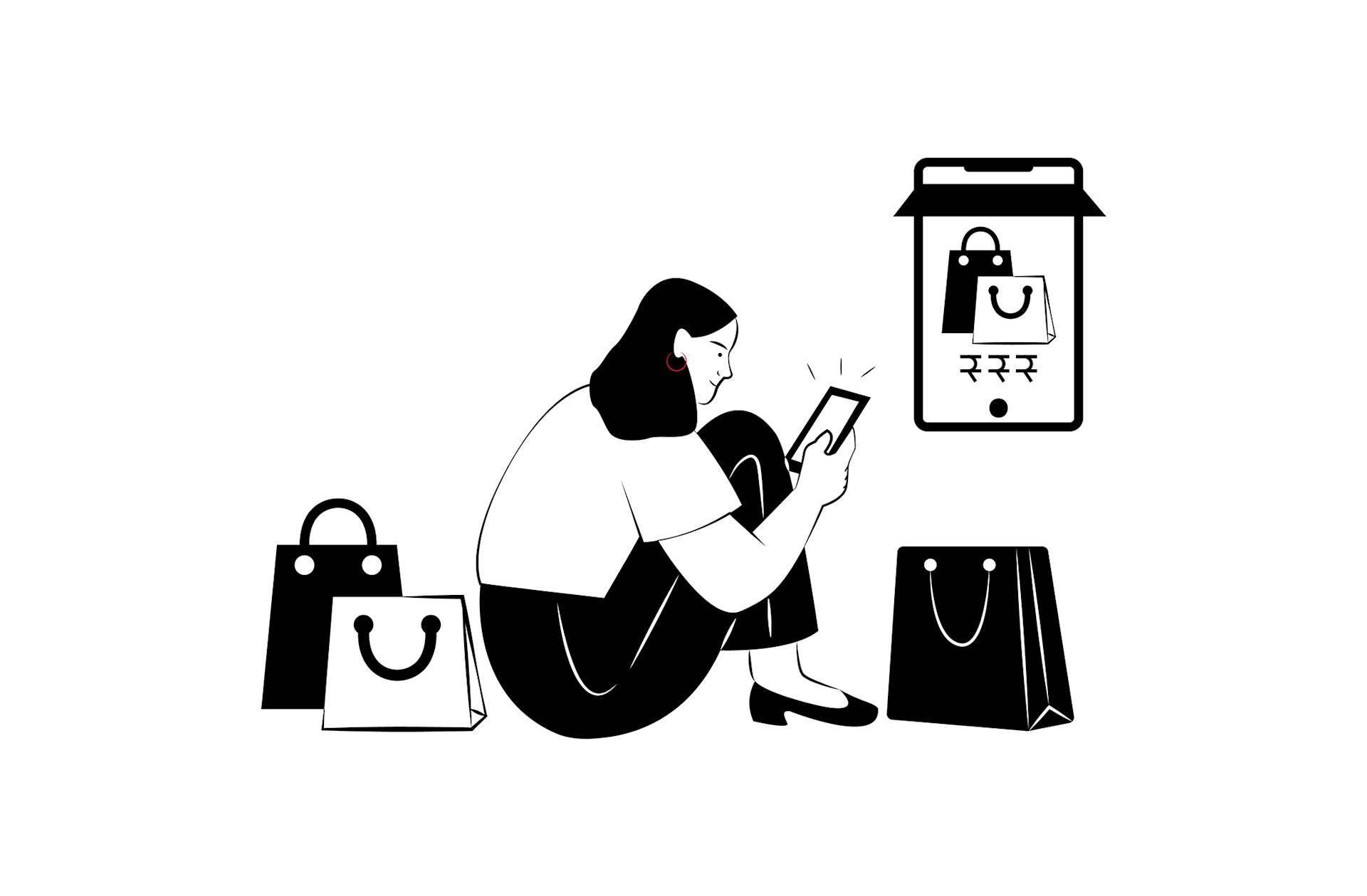A woman sitting and using a smartphone is surrounded by shopping bags. On her phone screen, a shopping bag with currency symbols is visible, representing online shopping. The illustration is in black and white.