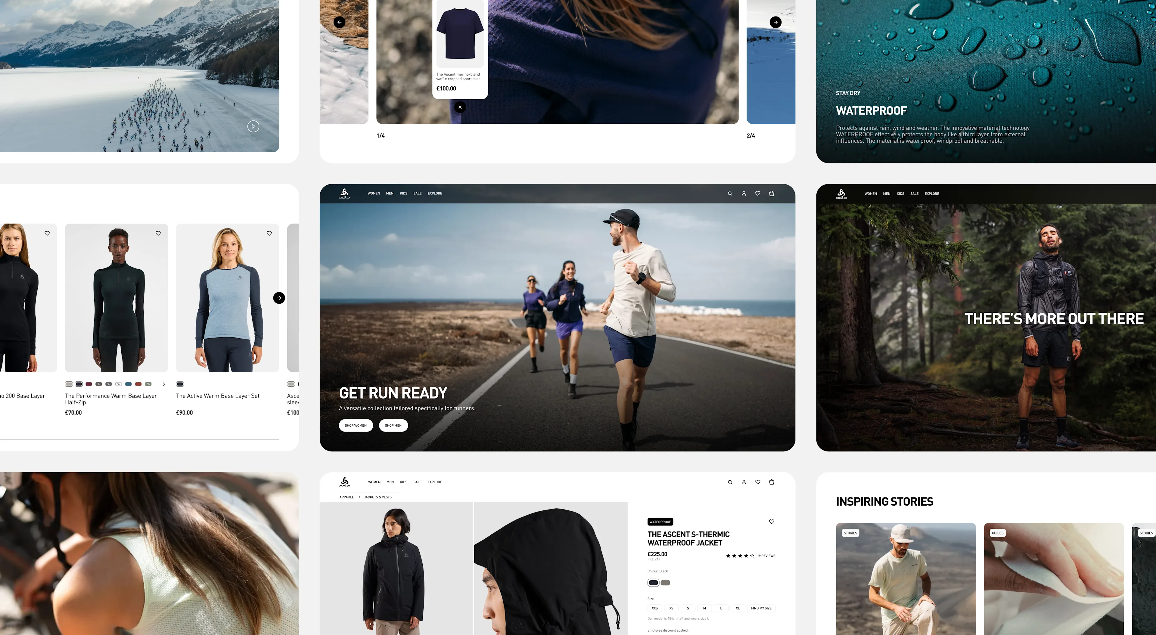 A collage of website layouts featuring athletic apparel, with images of people running outdoors, product displays, close-ups of clothing, and nature backgrounds. The designs focus on sportswear, performance, and outdoor activities.