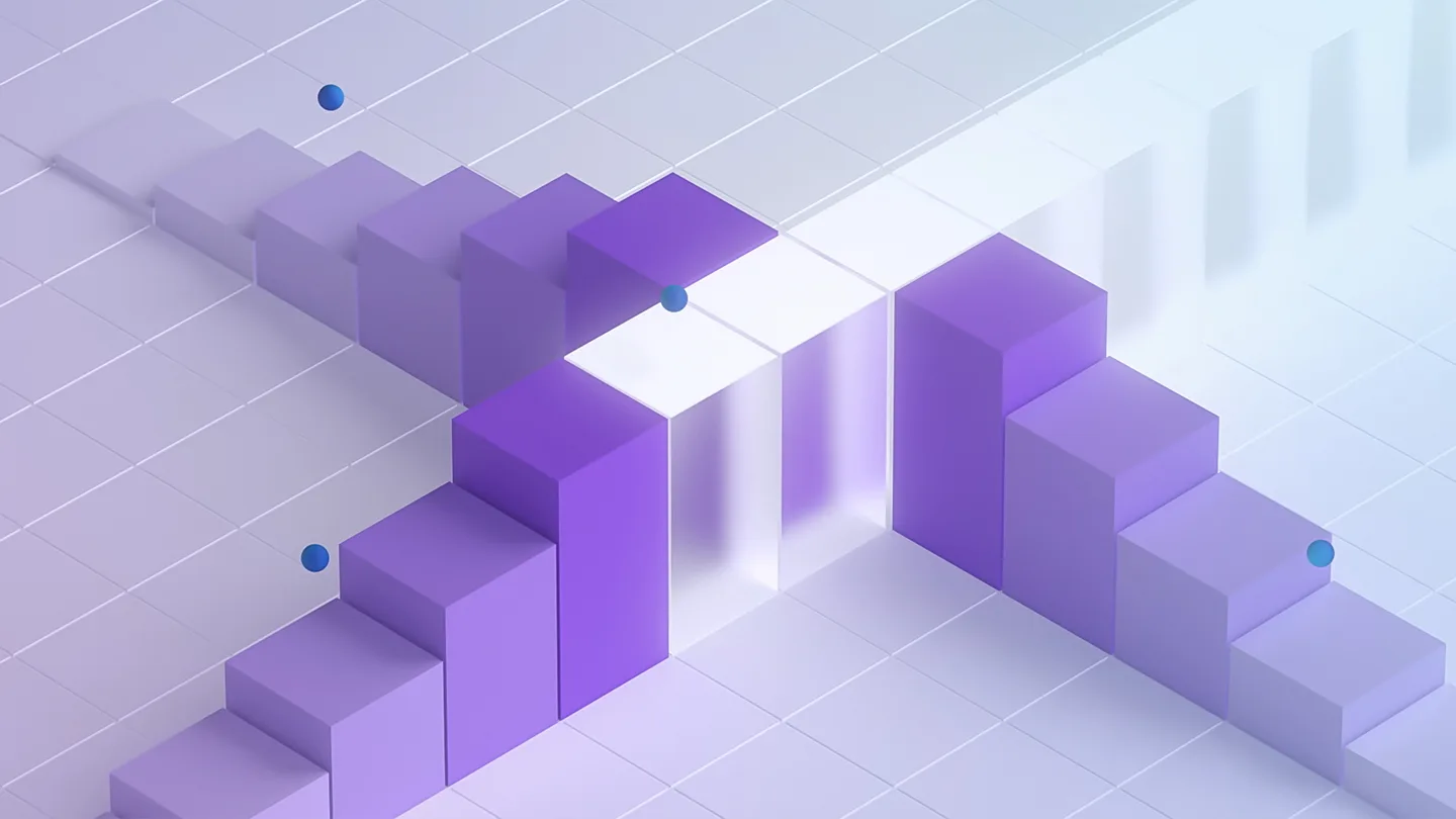 3D illustration of intersecting purple and white staircases on a grid, with several small blue spheres hovering around the structure, creating a modern and abstract geometric design.