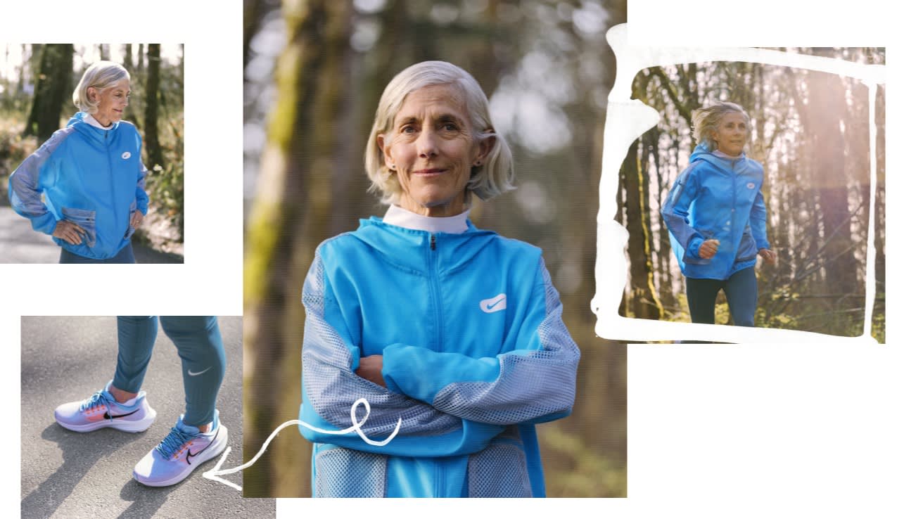 A senior woman with gray hair, wearing a bright blue Nike jacket and athletic shoes, poses confidently outdoors and walks in a sunlit wooded area. A close-up shows her crossing her arms and standing on a path.