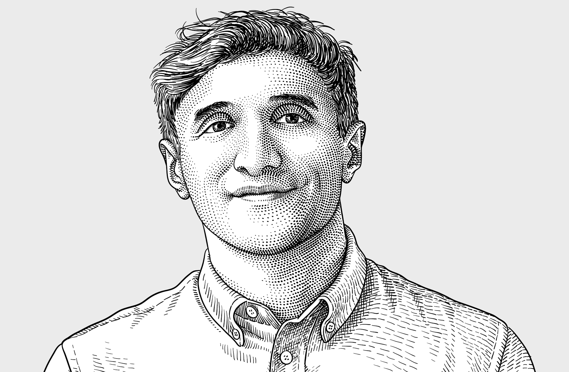 Black and white stipple drawing of a person with short wavy hair wearing a button-up shirt, facing forward and smiling slightly against a plain background.