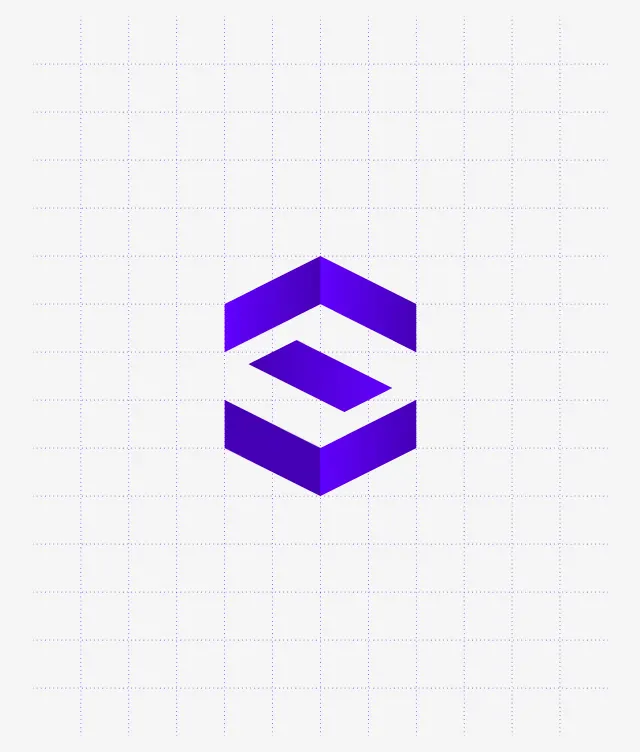 A purple geometric logo resembling an abstract cube or hexagon, centered on a white background with a faint gray grid overlay.