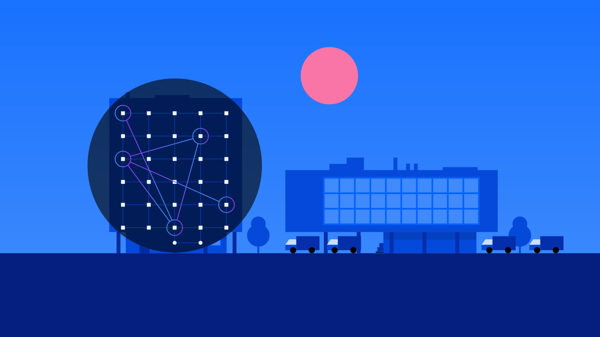 A stylized illustration of a cityscape at dusk with a pink sun, trucks, and a building. A large circular overlay shows a network diagram with connected nodes and lines.