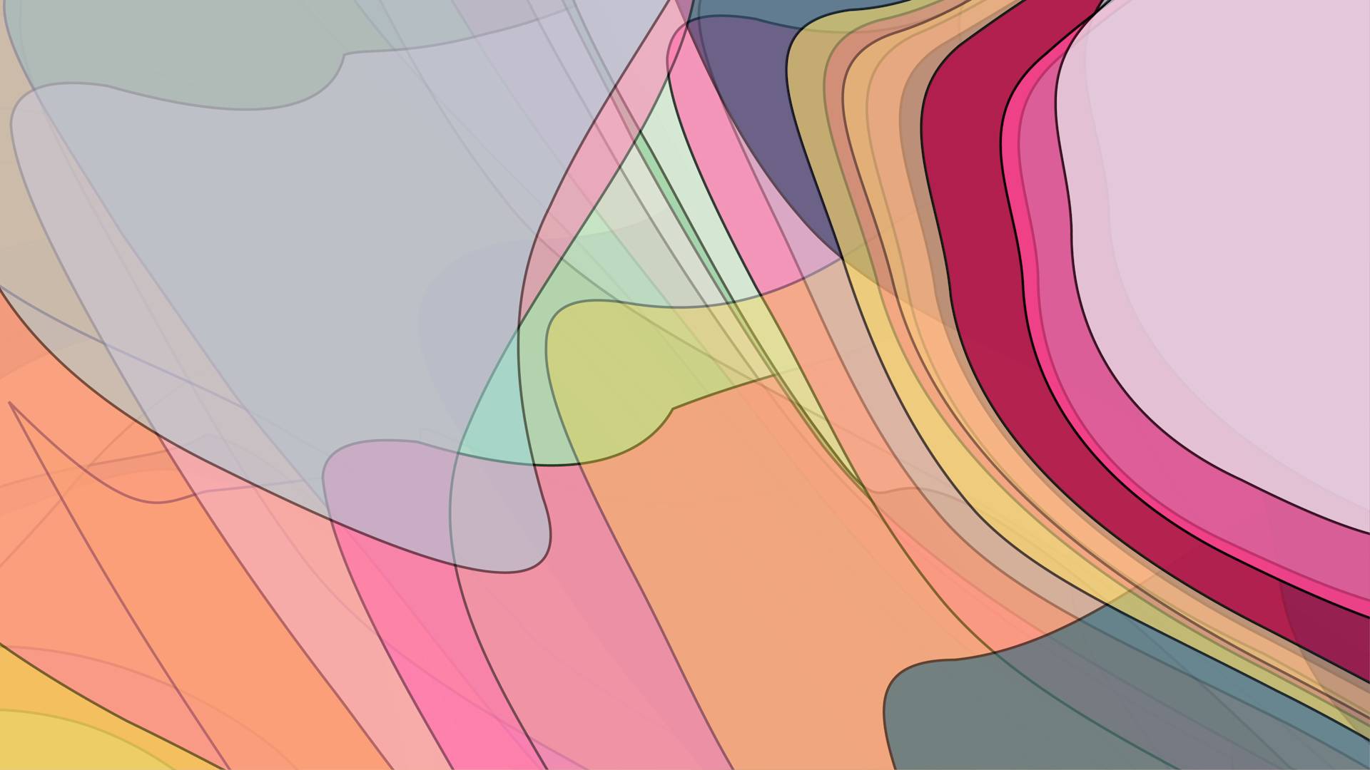 Abstract digital artwork featuring overlapping translucent shapes in pastel tones of pink, peach, yellow, green, and gray with curved lines, creating a soft, flowing composition.