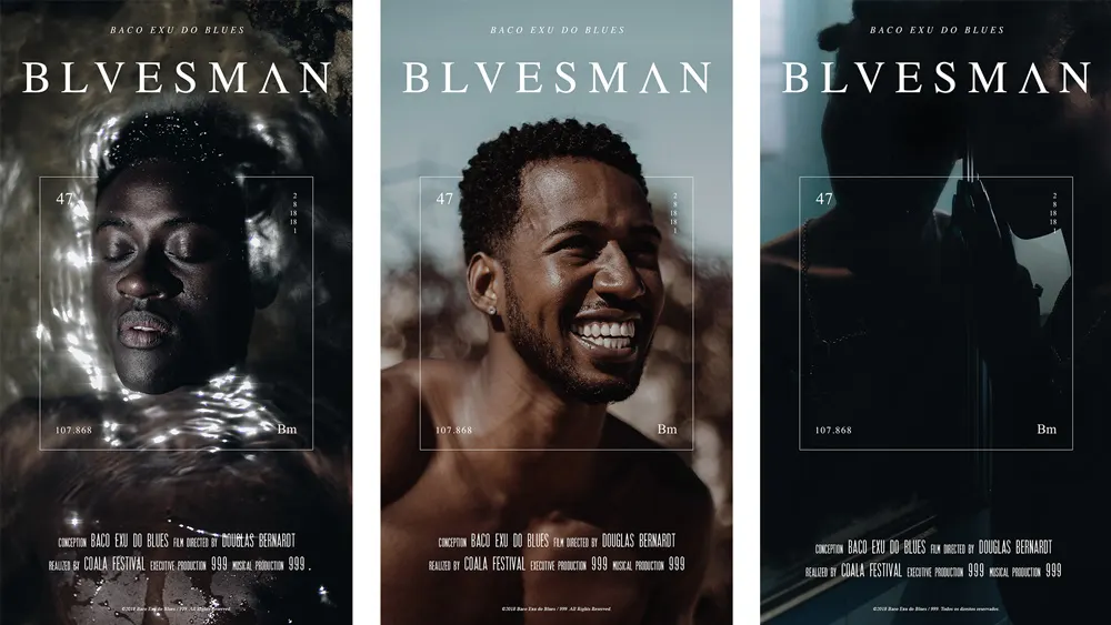 Three movie posters for BLUESMAN show close-up portraits of Black men, each with distinctive lighting and expressions. The posters feature similar minimalist layouts and include credits and technical details.