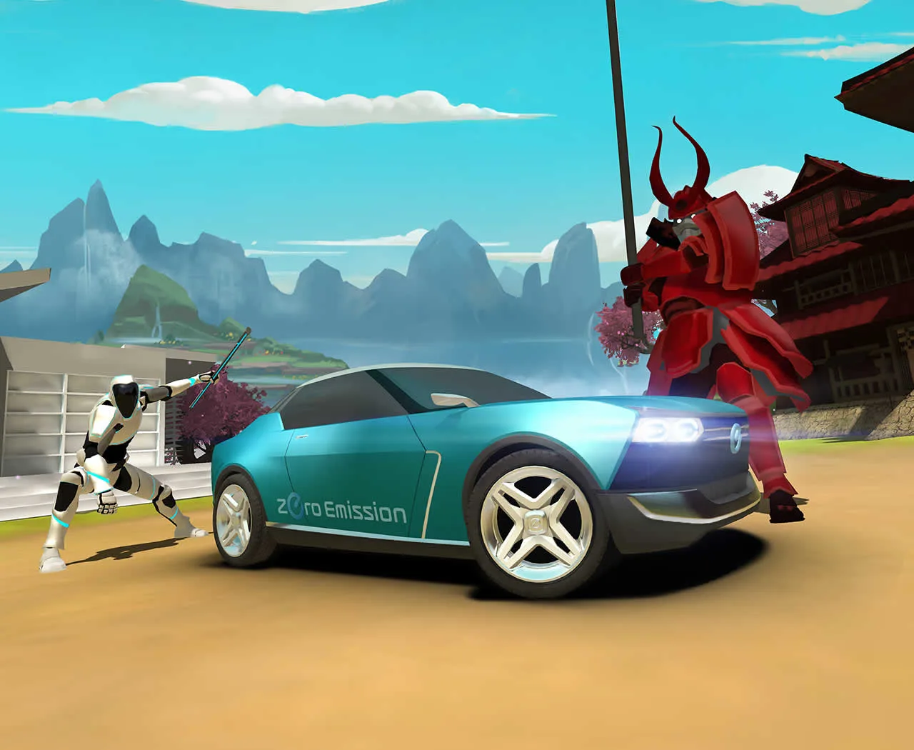 A futuristic blue car labeled Zero Emission is parked between a white robot with a sword and a red armored samurai wielding a spear in a stylized outdoor setting with mountains and traditional buildings.