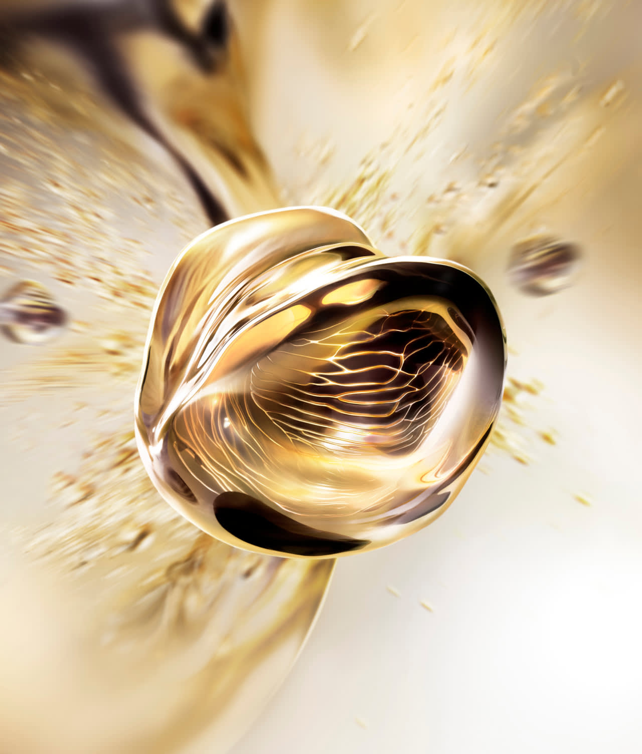 A shiny, golden abstract object with fluid, wavy lines floats against a soft, glowing background, creating a sense of motion and light.