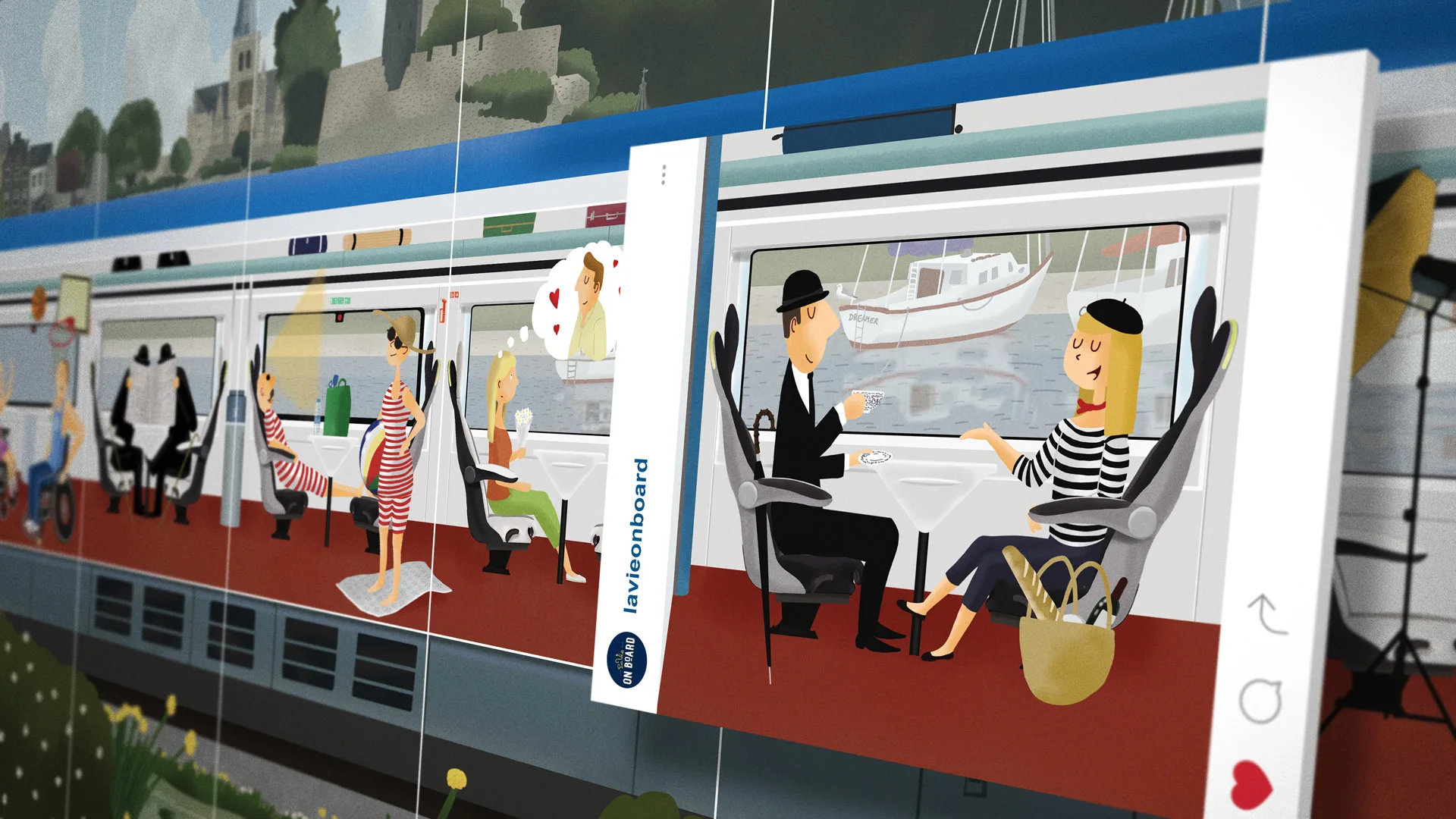 Illustration of people dining and relaxing on a scenic train, with views of water and boats outside. The image is styled like a social media post, with icons and a hashtag visible.