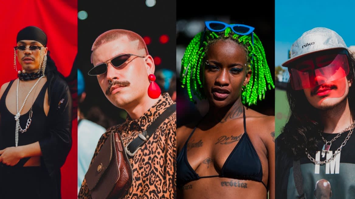 Four people stand side by side, each with a unique fashion style, including bold accessories, bright hair colors, sunglasses, and distinctive clothing, against colorful backgrounds.