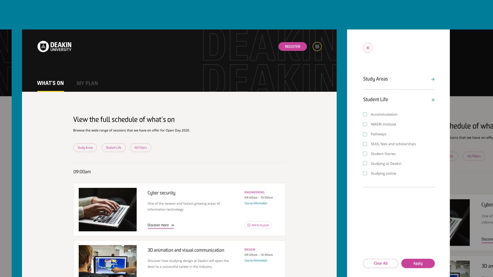 A website page displays a schedule of events with options to filter by date and tags. An open sidebar shows study areas and student life filters. The highlighted event is Cyber security with an image of hands typing on a laptop.