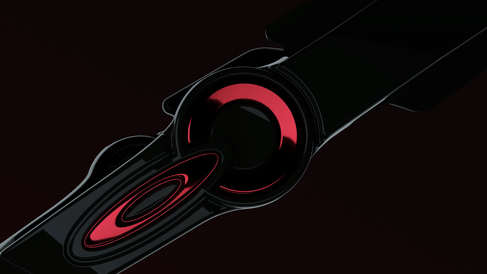Abstract digital artwork featuring glossy black and red oval rings overlapping on a dark background, creating a futuristic and sleek appearance with reflective surfaces and bold geometric shapes.