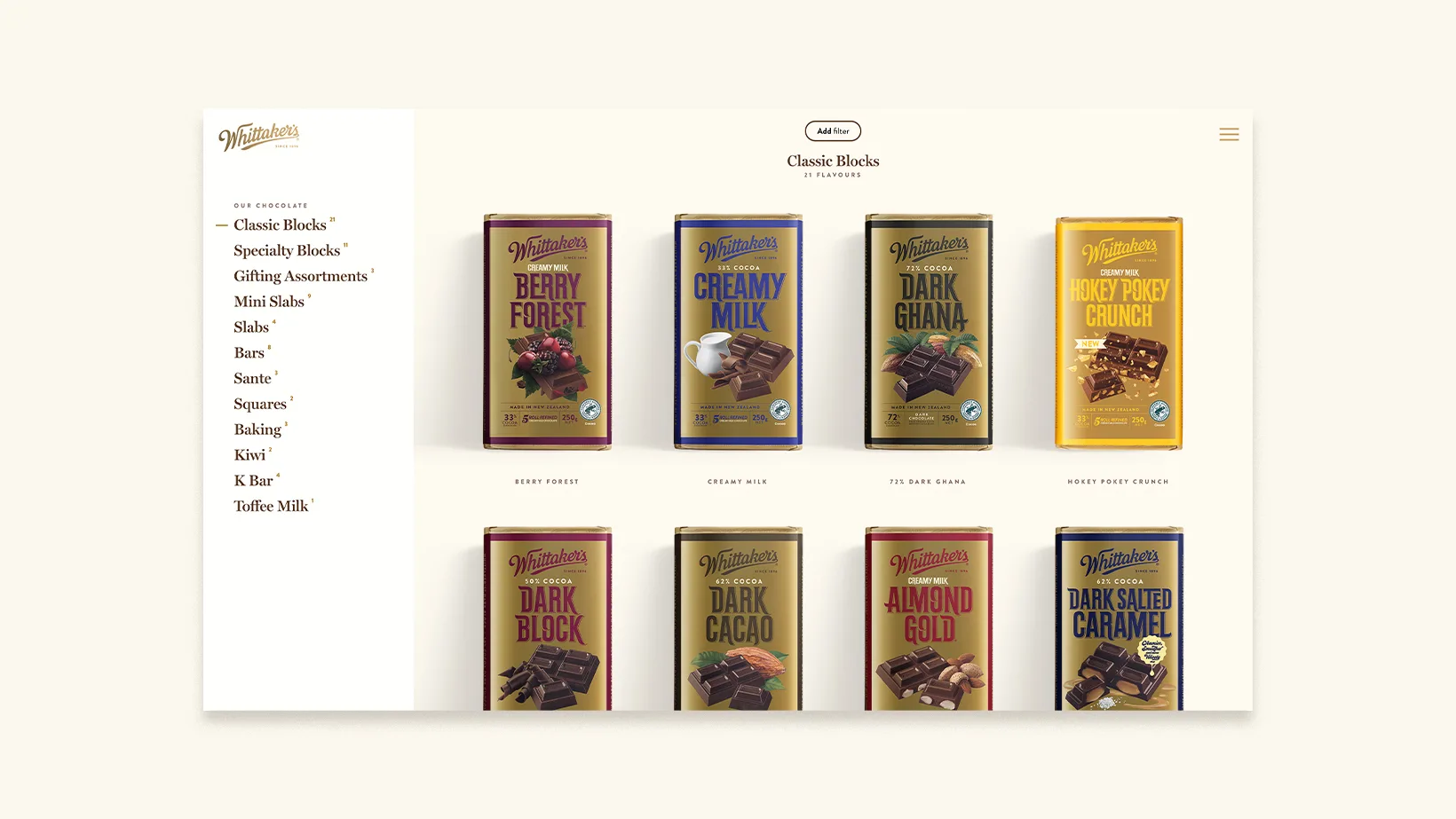 Screenshot of a website displaying Whittaker’s chocolate bars in various flavors, arranged in two rows. Flavors include Berry Forest, Creamy Milk, Dark Ghana, Honey Pokey Crunch, and more with gold and colorful packaging.
