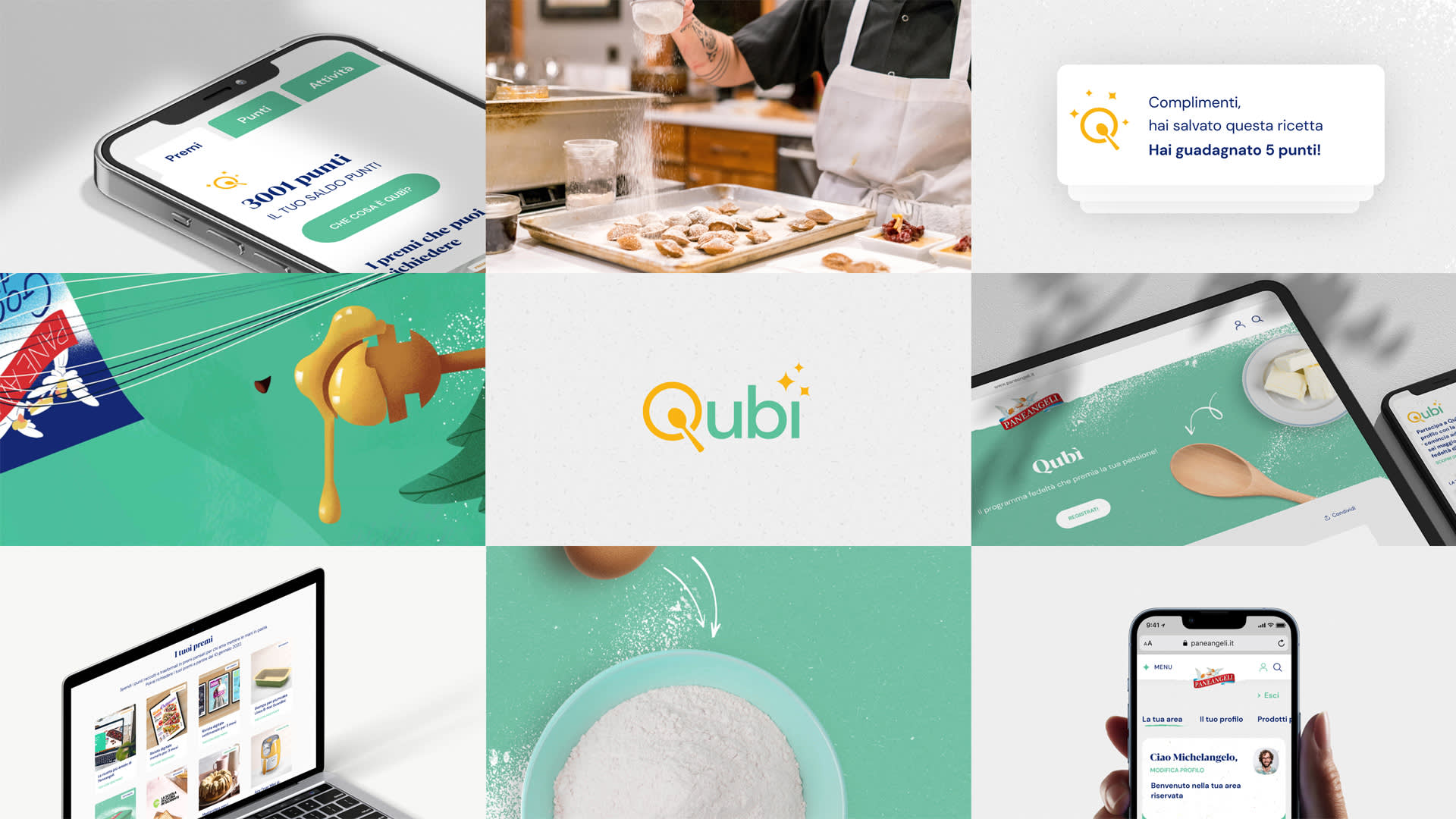 A collage of nine images featuring baking scenes, the Qubi logo, cooking illustrations, a mobile app and laptop interface, and a notification about earning points in Italian. Colors are soft green, white, and yellow.