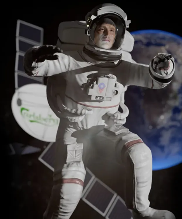 An astronaut in a white spacesuit floats in space with a satellite and the Earth visible in the background. The astronaut appears to be reaching out with both arms.