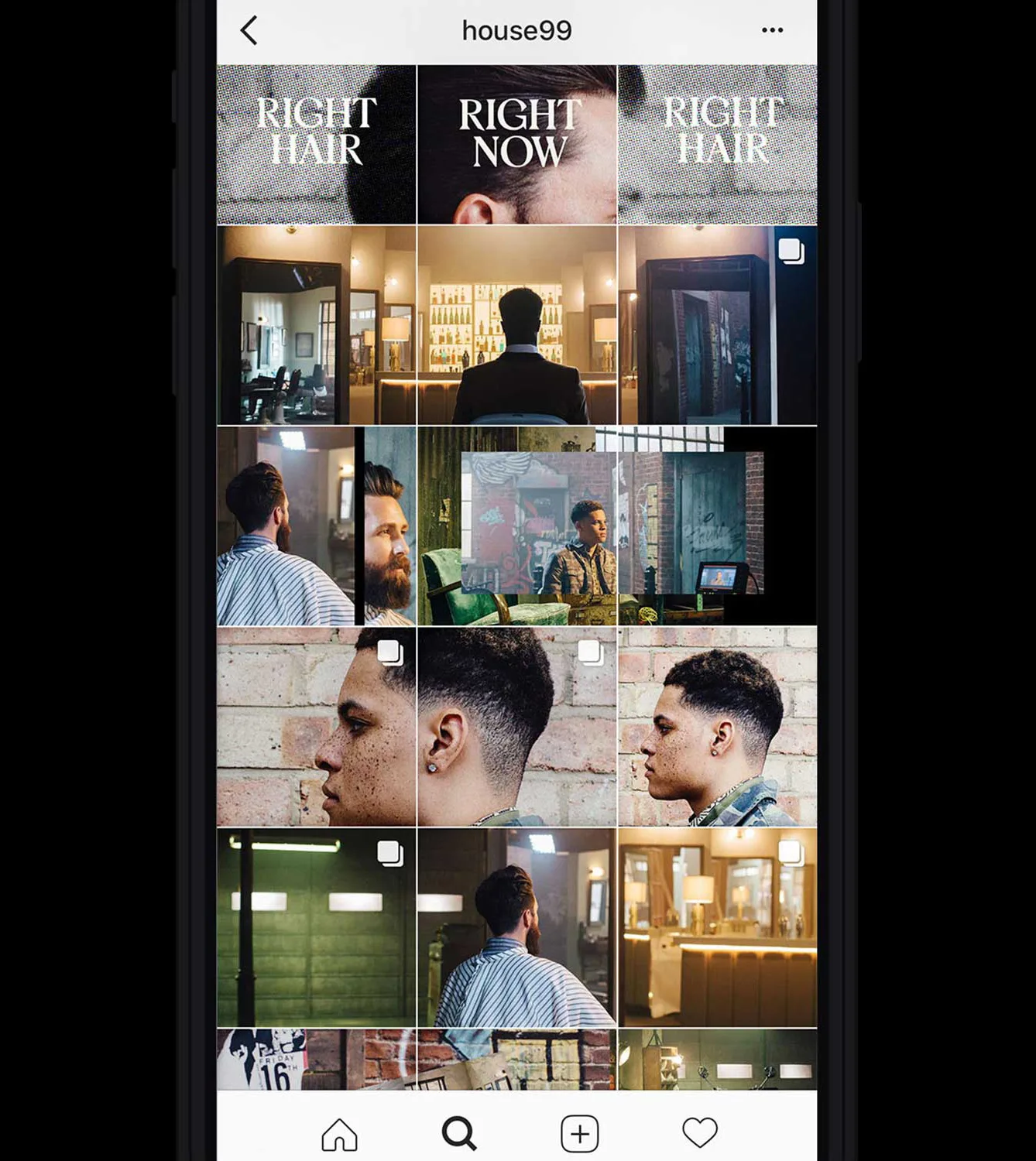Instagram profile grid showing various barbershop scenes, including men getting haircuts, barbers at work, and close-ups of fresh haircuts. The top row has text reading RIGHT HAIR RIGHT NOW.