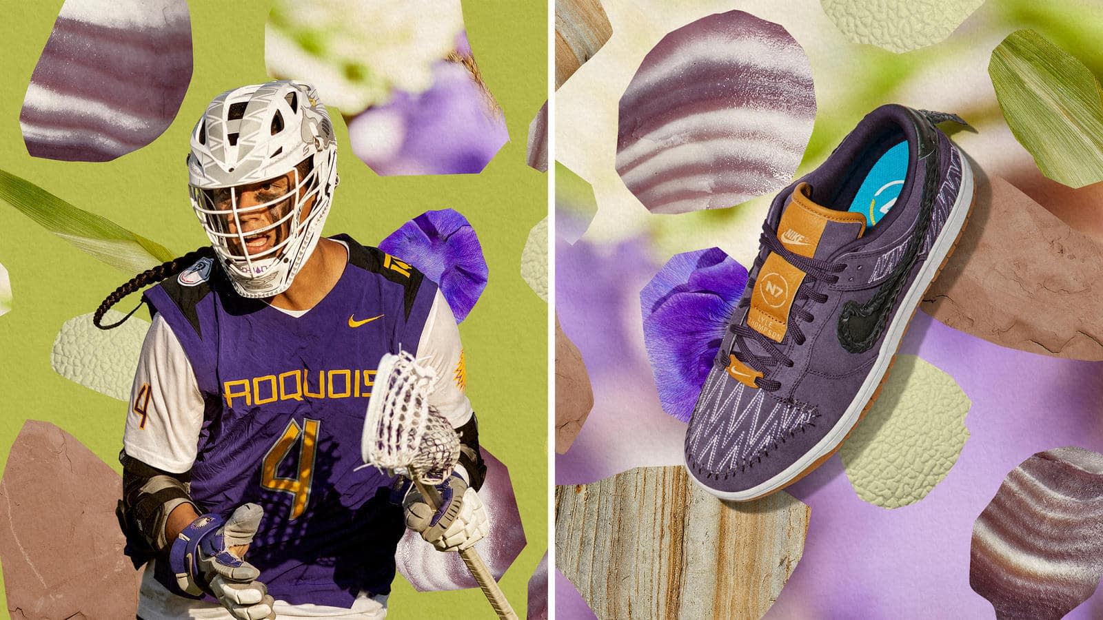 A split image shows a lacrosse player in an Iroquois Nationals jersey and helmet on the left, and a purple and brown Nike sneaker on the right, both set against a collage of abstract patterns and shells.
