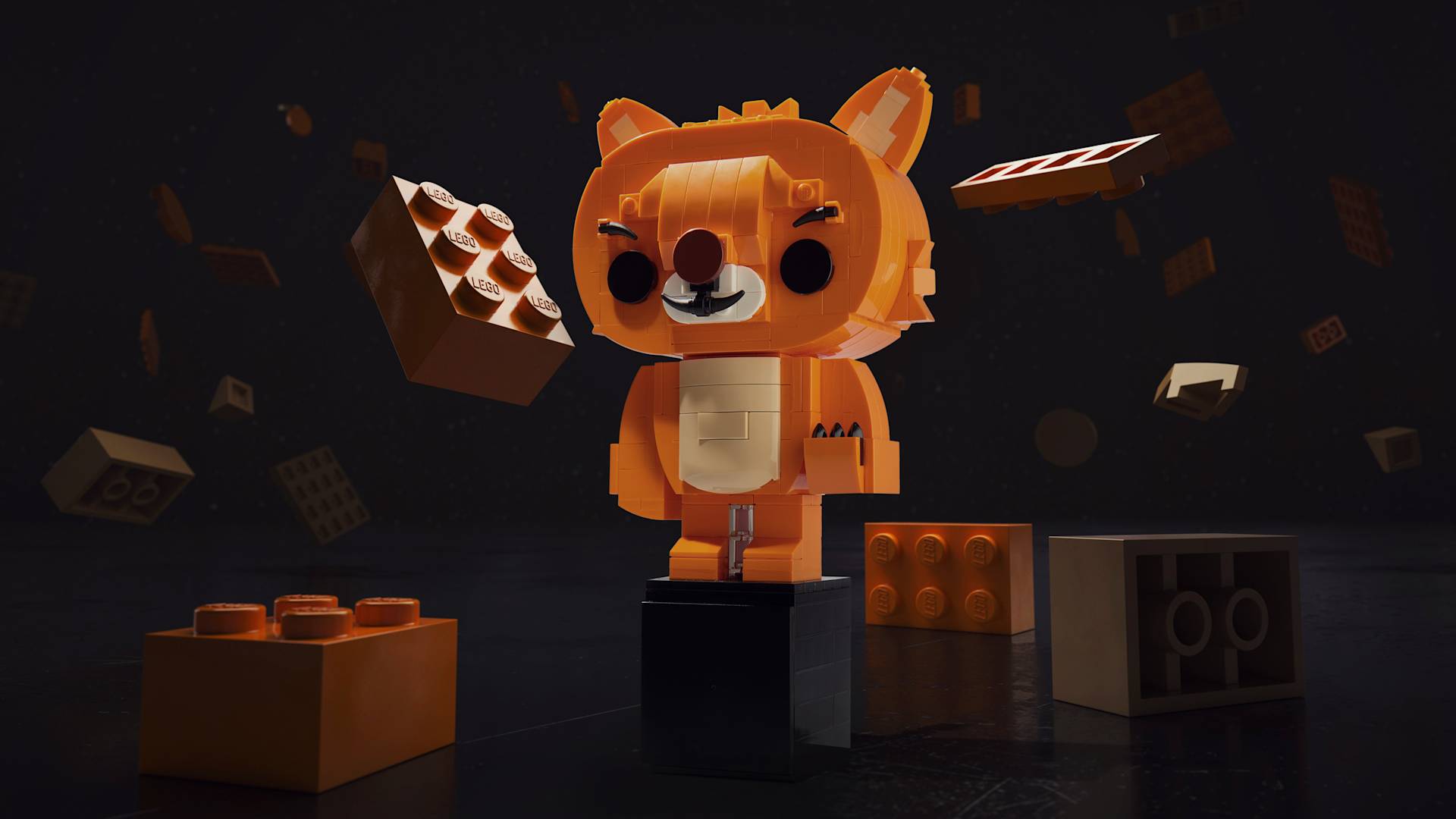 A LEGO-style fox figure made of orange and tan bricks stands on a black base, surrounded by floating LEGO bricks against a dark background.