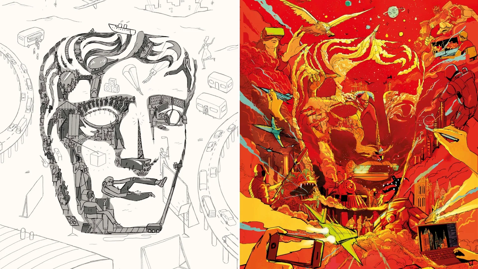 Split image showing two versions of a stylized face: the left side is a black-and-white, mechanical-themed illustration, while the right side is a vivid, red-and-orange digital artwork with dynamic figures and cinematic elements.
