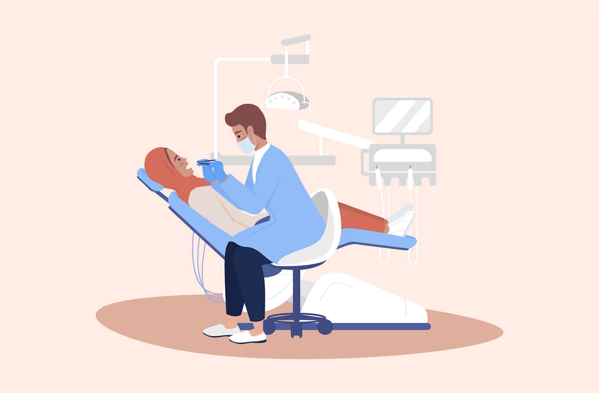 A dentist in a blue coat examines a patients teeth as she reclines in a dental chair. Dental equipment and monitors are visible in the background on a light-colored backdrop.