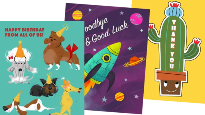 Three colorful greeting cards: one with party hat-wearing dogs and a Happy Birthday message, one with a rocket ship in space and Goodbye & Good Luck, and one with a smiling cactus and Thank You.