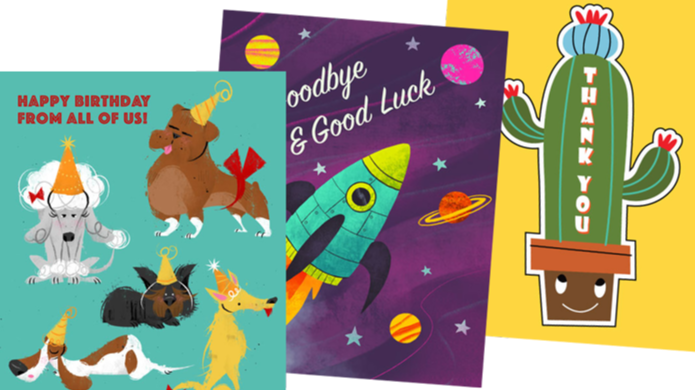Three colorful greeting cards: one with party hat-wearing dogs and a Happy Birthday message, one with a rocket ship in space and Goodbye & Good Luck, and one with a smiling cactus and Thank You.