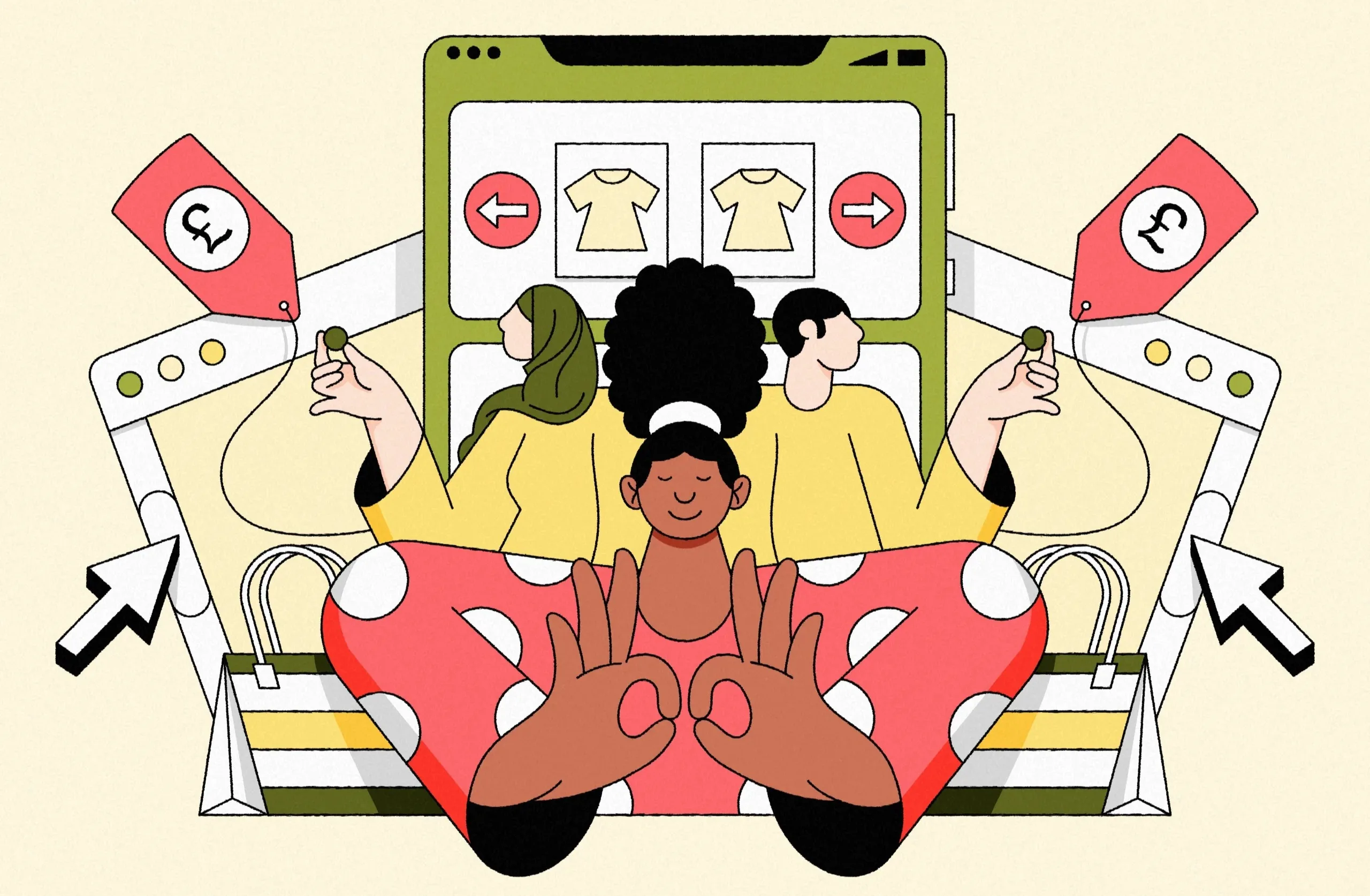 An illustration of three people shopping online: one person, smiling and making an OK gesture, sits in front; two others browse clothing on a large screen displaying yellow shirts, price tags, and shopping bags in the background.