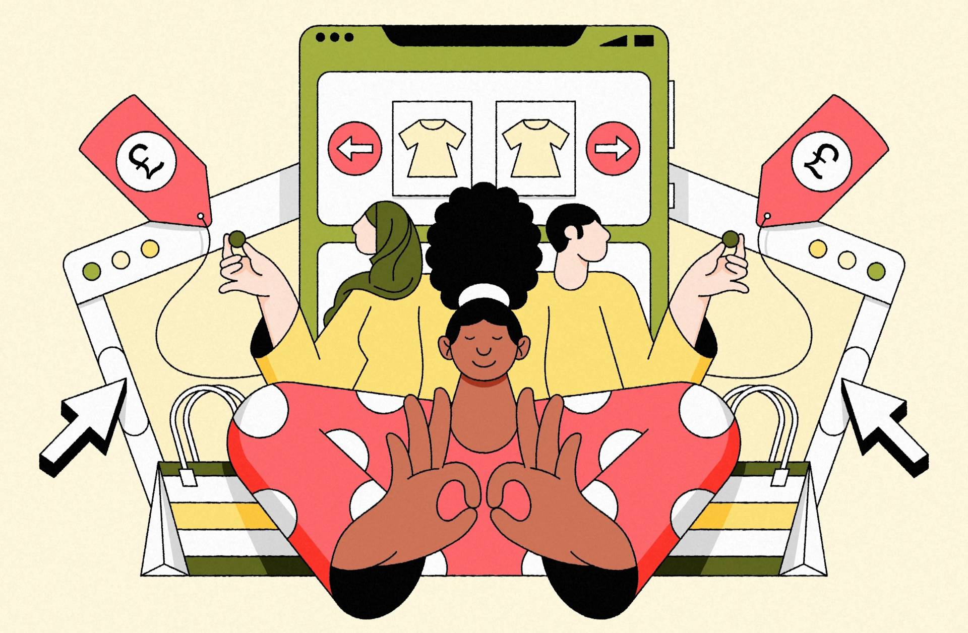 An illustration of three people shopping online: one person, smiling and making an OK gesture, sits in front; two others browse clothing on a large screen displaying yellow shirts, price tags, and shopping bags in the background.