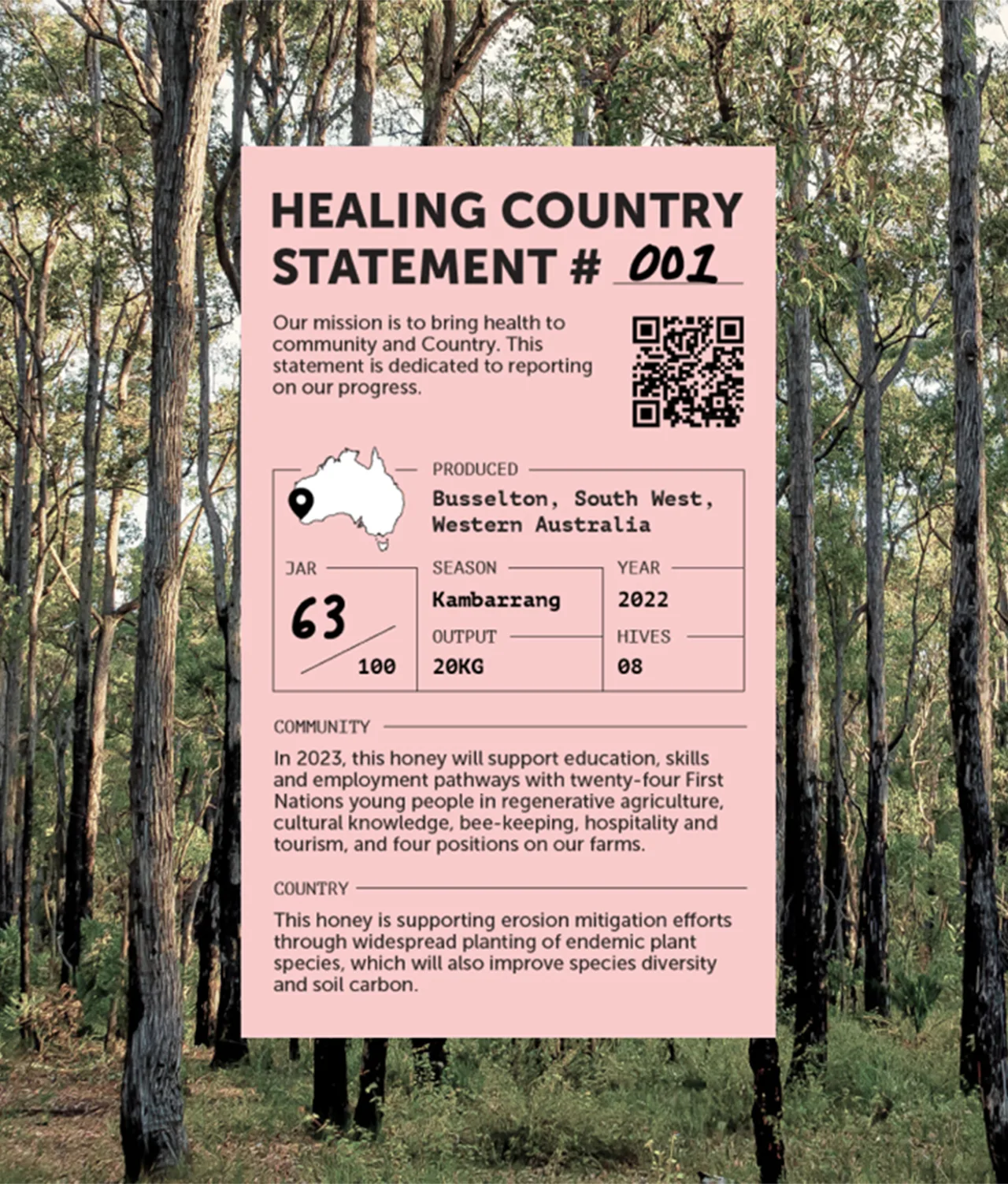 A pink informational sign titled Healing Country Statement #001 is displayed in front of a forest. It details a honey project in Busselton, WA, with stats, goals for community support, and a QR code for more info.