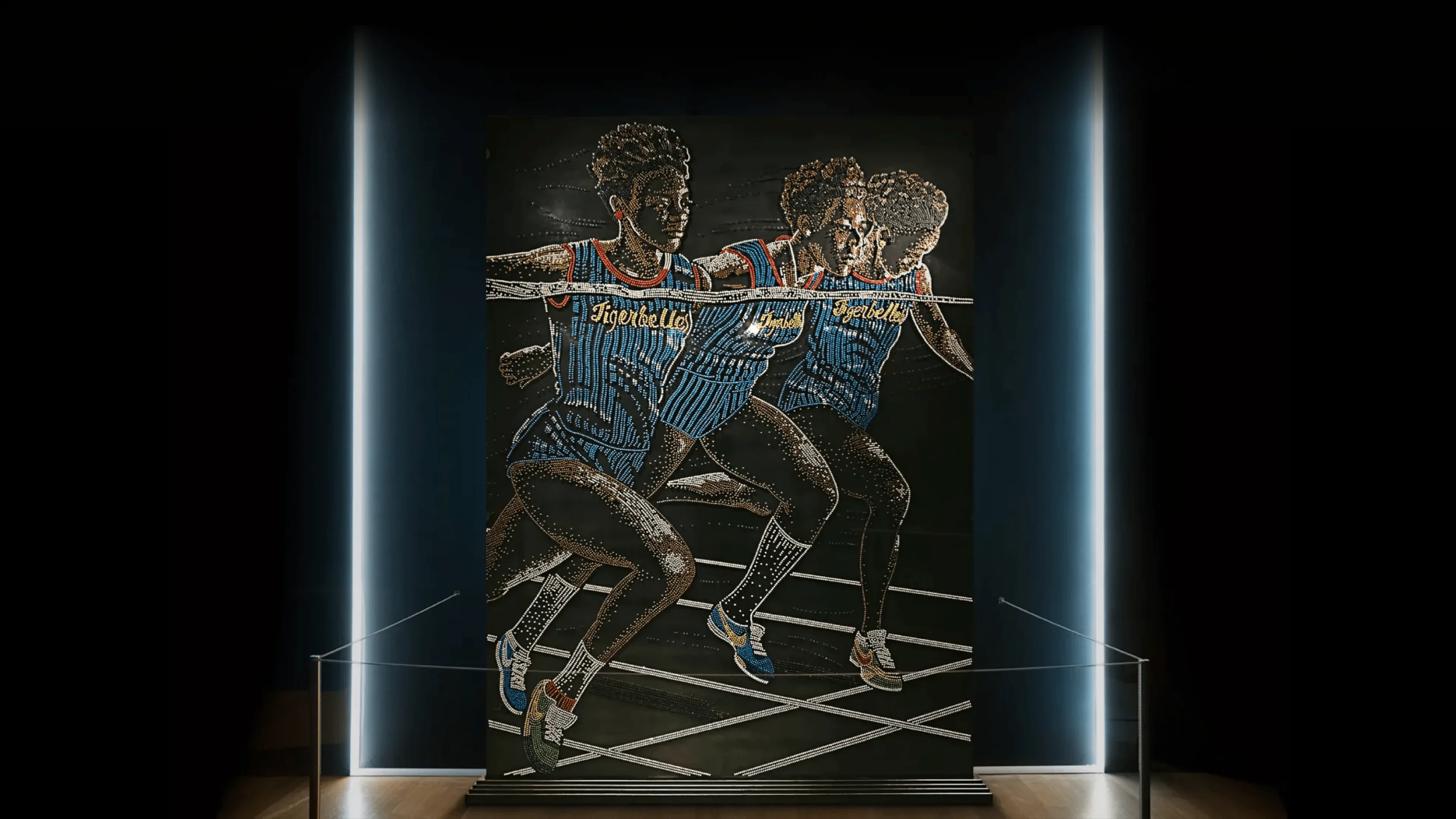 A dynamic artwork depicts three athletes in blue uniforms leaping hurdles on a racetrack, captured in motion against a dark background and displayed in a well-lit glass case.
