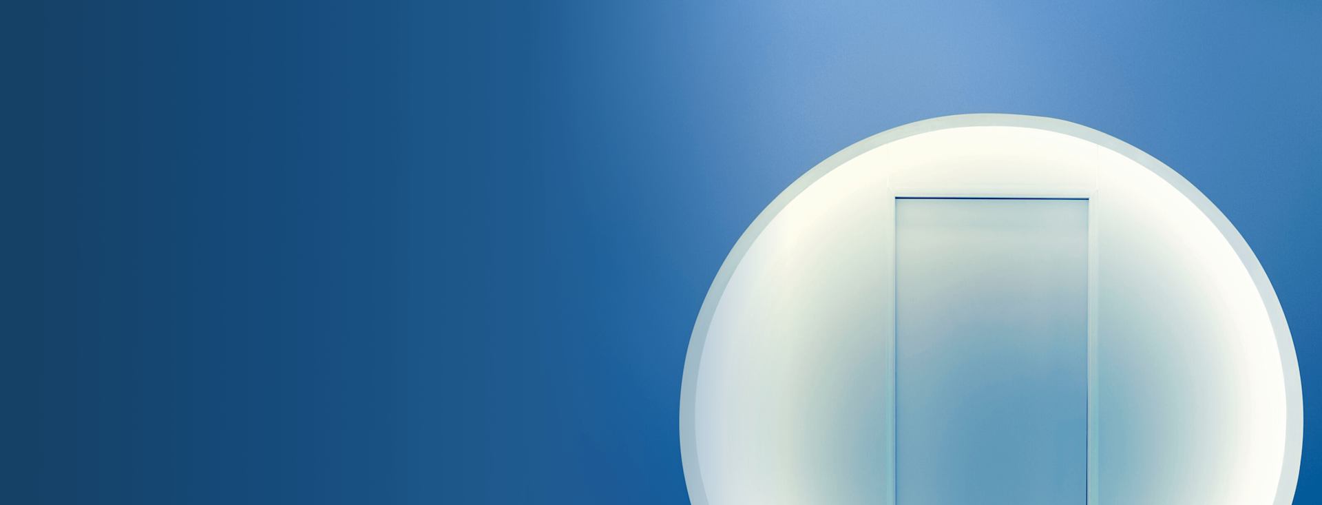 A minimalist image featuring a closed door set within a glowing circular frame on the right side, against a smooth gradient blue background.