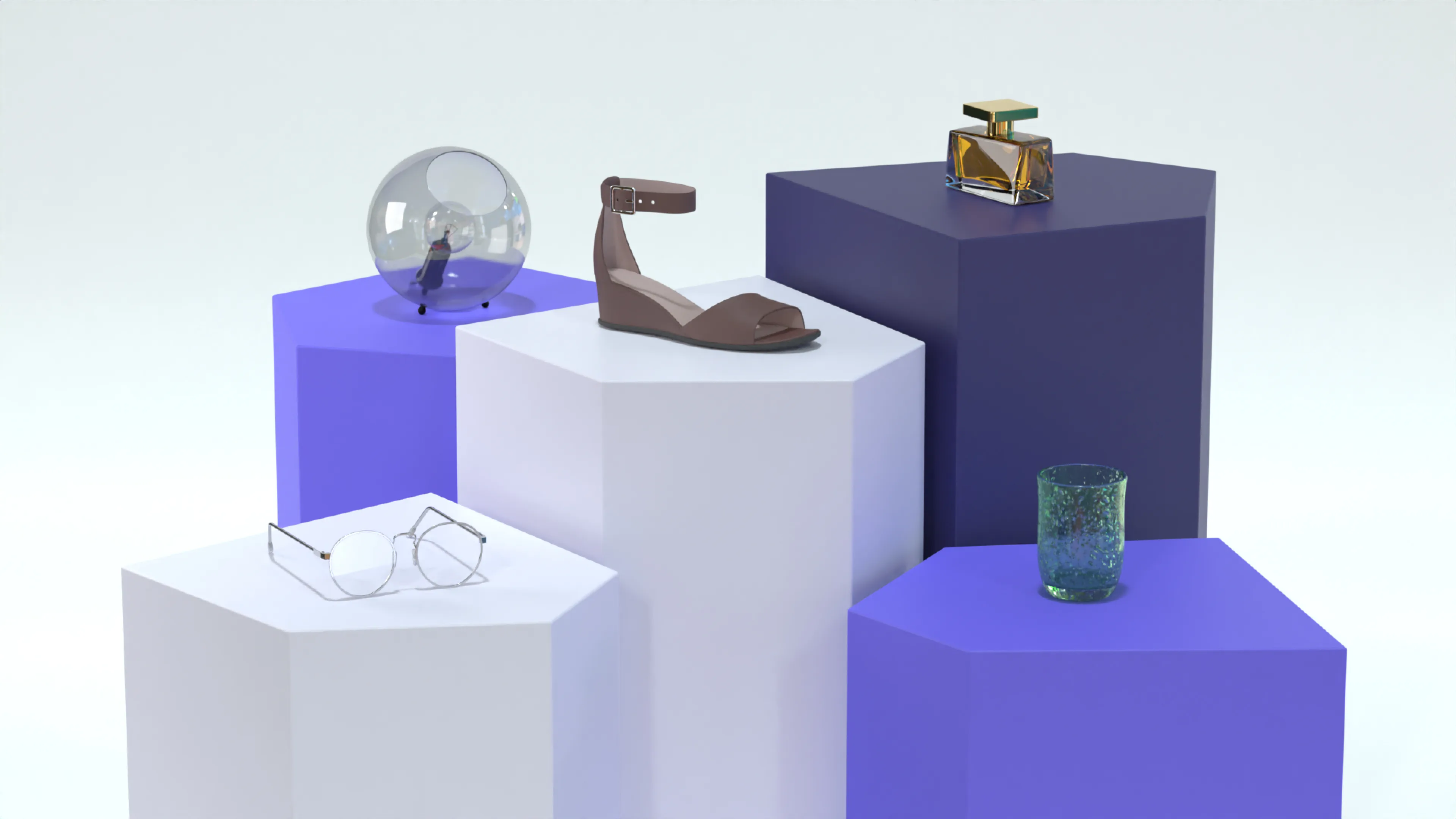 A brown sandal, eyeglasses, a glass orb, a glass tumbler, and a perfume bottle are displayed on geometric purple and white pedestals against a light background.
