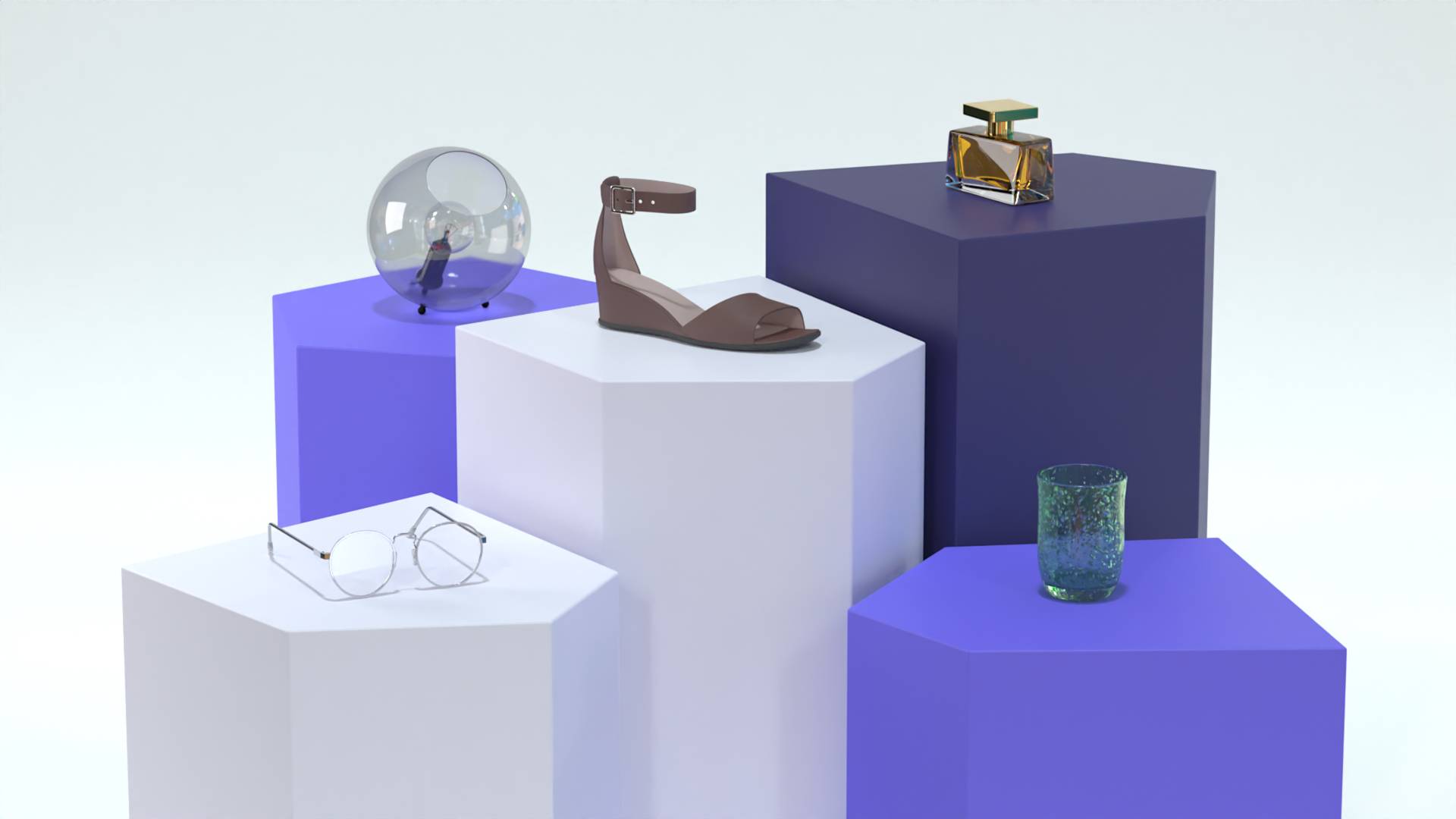 A brown sandal, eyeglasses, a glass orb, a glass tumbler, and a perfume bottle are displayed on geometric purple and white pedestals against a light background.