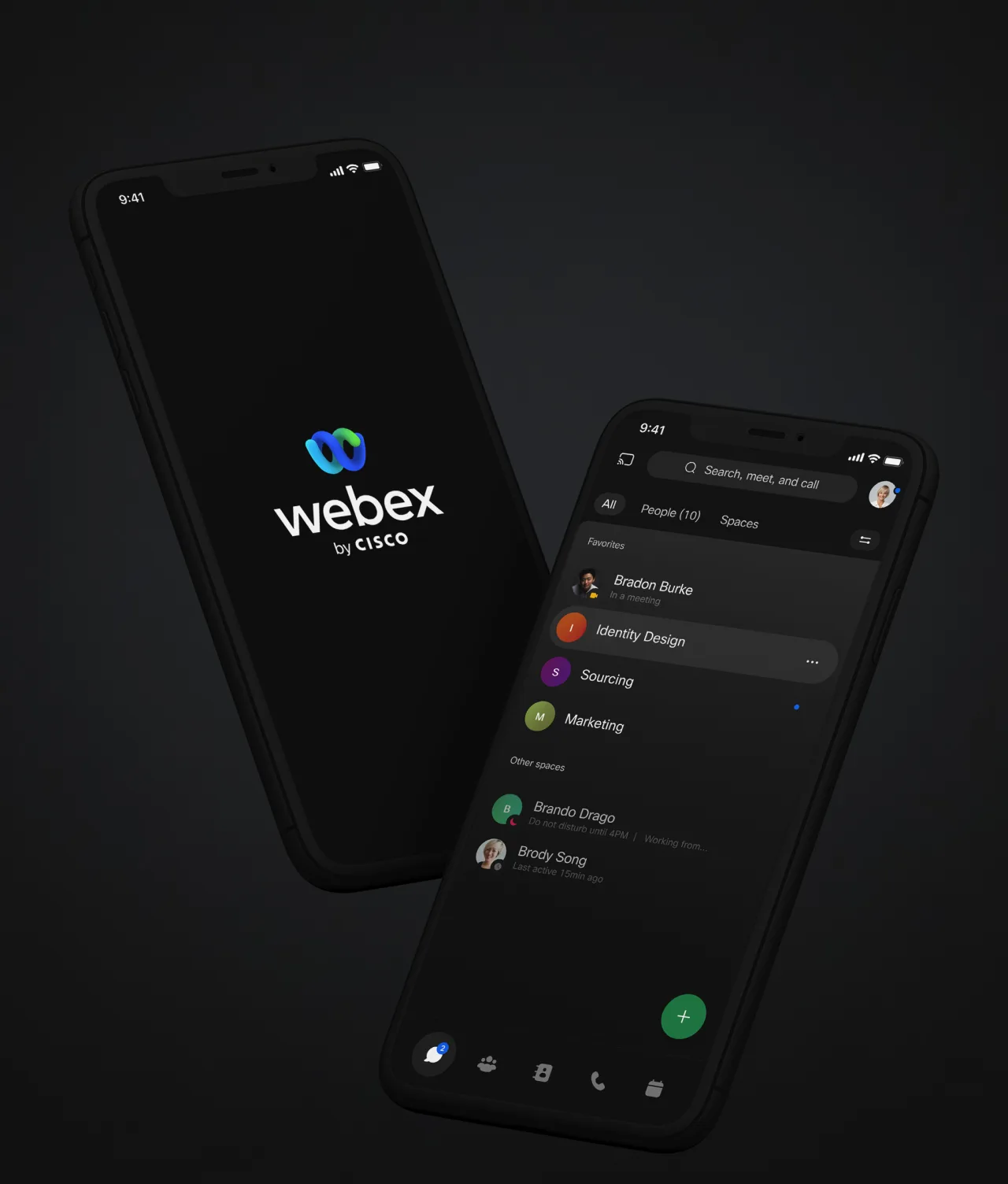 Two smartphones display Webex by Cisco; one shows the Webex logo on a dark screen, while the other shows a chat interface with contacts and colored labels under Spaces. Both devices are set against a dark background.