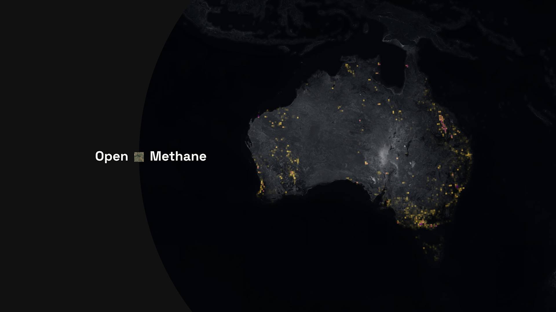 Satellite view of Australia at night showing bright yellow methane emission spots across the continent. The text Open Methane appears to the left of the map.