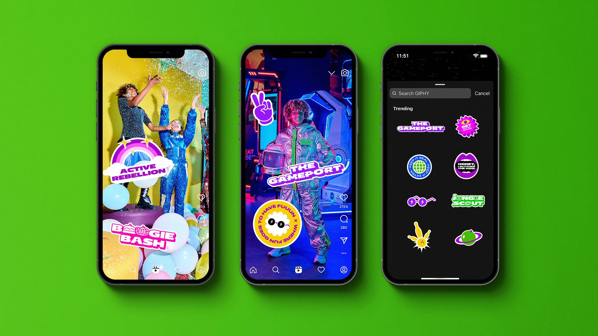 Three smartphones on a green background display colorful, playful sticker designs and vibrant event graphics, including “Boogie Bash,” “Active Rebellion,” “The Gameport,” and “Ranger Scout.”.