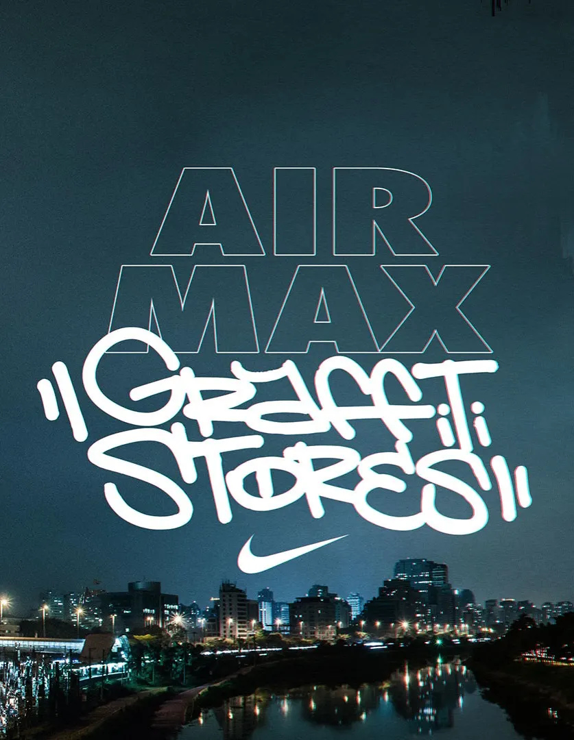 Night cityscape with skyline and river, overlaid with large AIR MAX text and stylized white graffiti reading Graffiti Stores, along with a small Nike swoosh logo beneath the text.