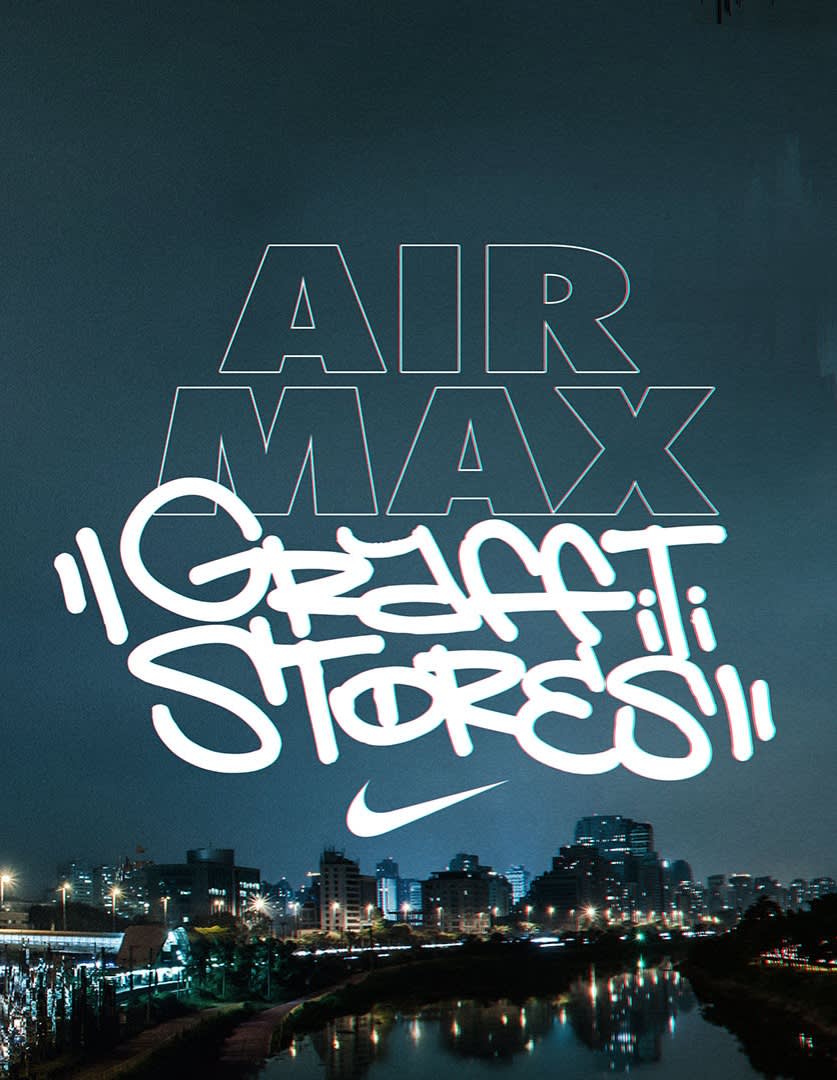 Night cityscape with skyline and river, overlaid with large AIR MAX text and stylized white graffiti reading Graffiti Stores, along with a small Nike swoosh logo beneath the text.