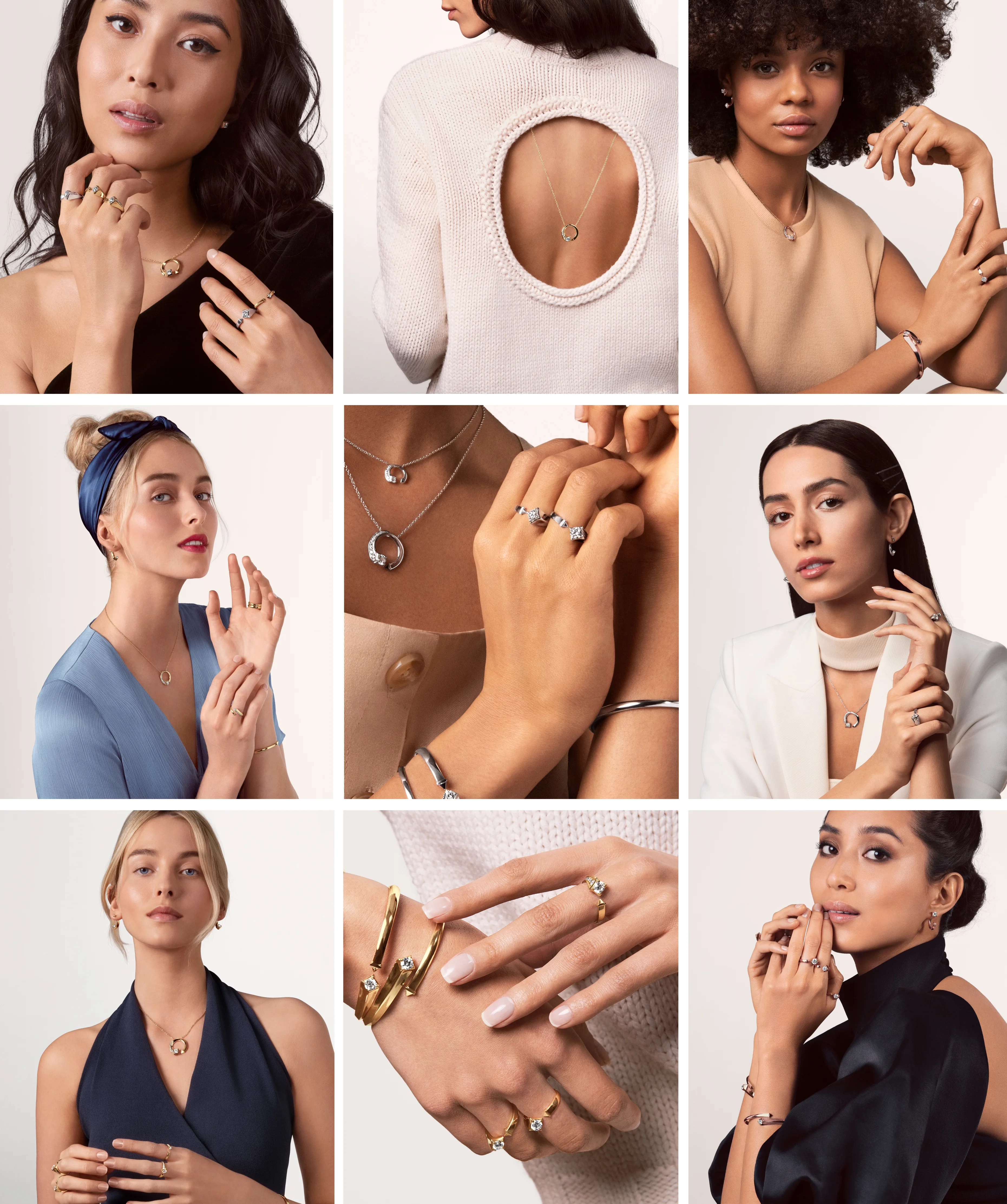 A collage of women showcasing various gold jewelry pieces, including rings, bracelets, earrings, and necklaces, each styled with elegant clothing and posed against neutral backgrounds.