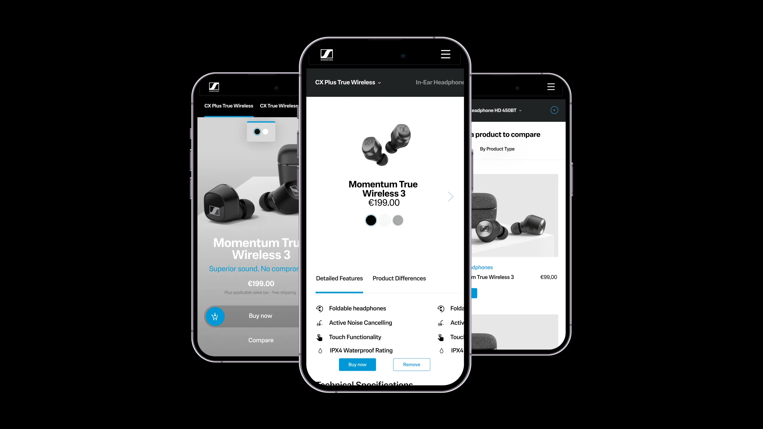 Three smartphones display a website featuring Sennheiser Momentum True Wireless 3 earbuds, showing product images, price (€199.90), features like active noise cancelling, and comparison options on a black background.
