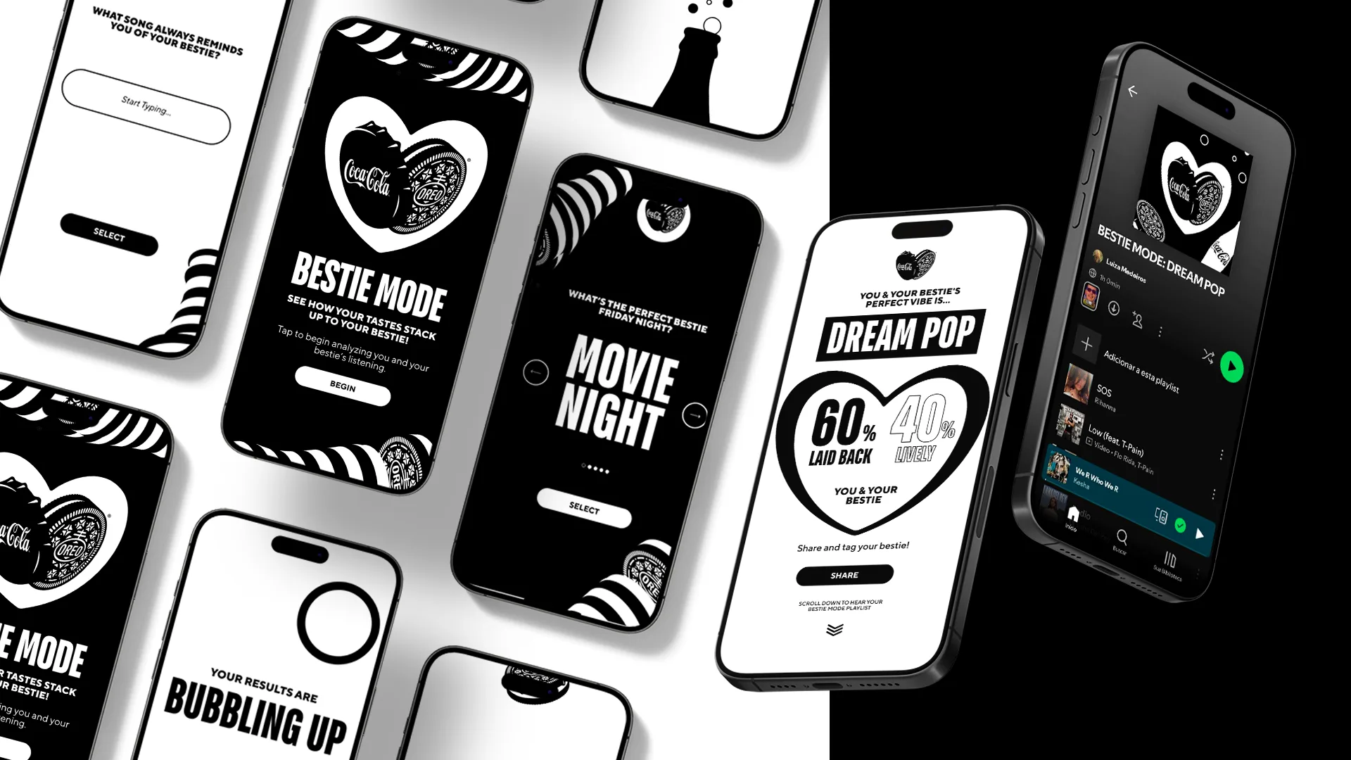 A collage of smartphones displaying a black-and-white app interface with multiple screens, including features like “Bestie Mode,” “Movie Night,” “Bubbling Up,” and a music playlist titled “Dream Pop.”.